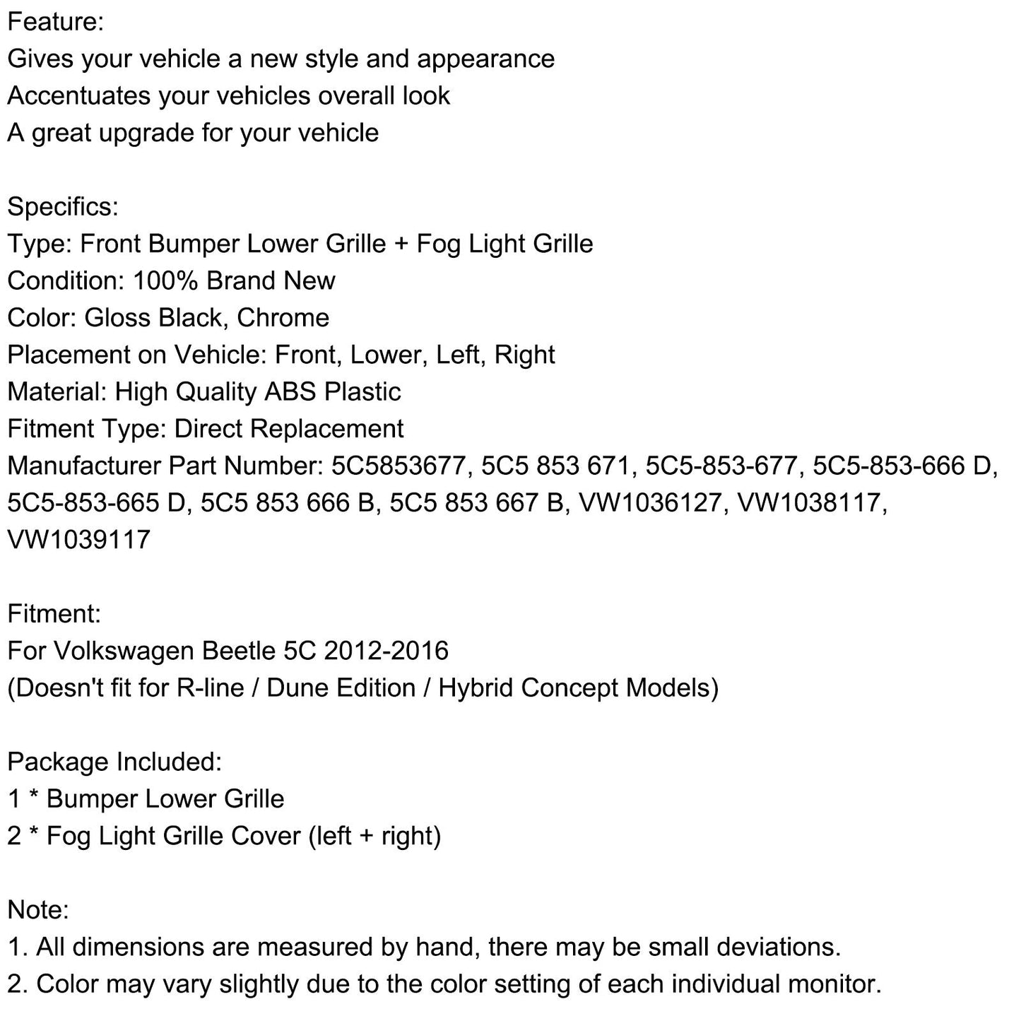 2012-2016 VW Beetle W/ Front Bumper Lower Grille + Fog Light Grill Chrome