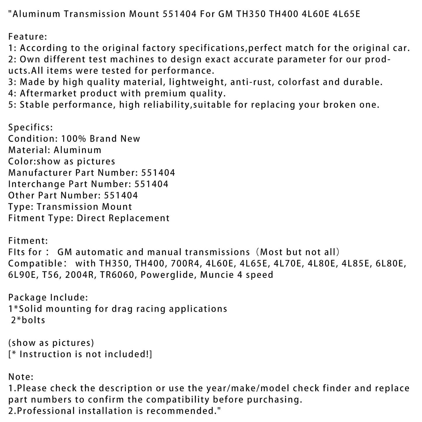 Aluminum Transmission Mount 551404 For GM TH350 TH400 4L60E 4L65E