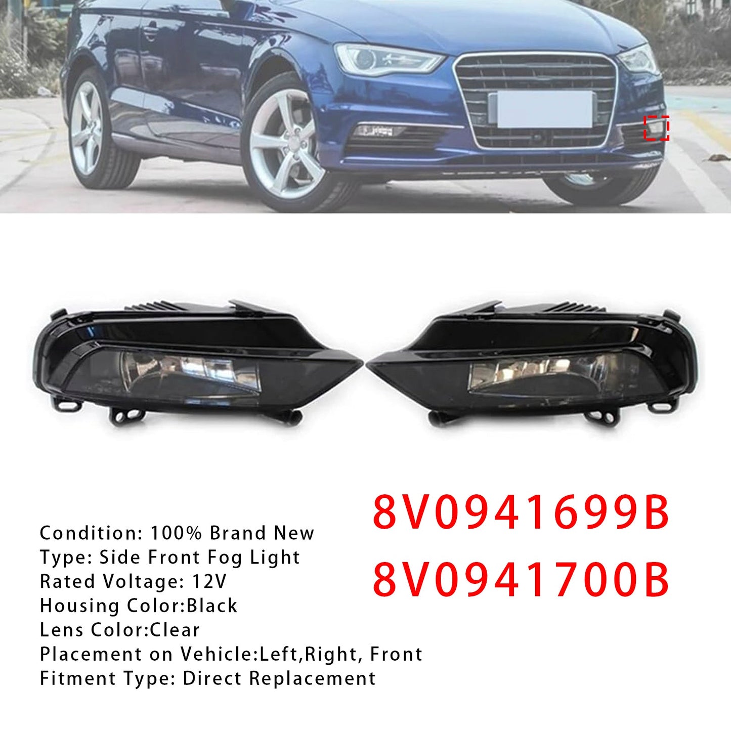 2015-2016 Audi A3 Saloon Pair Front Fog Light Lamps With Bulbs 8V0941699B
