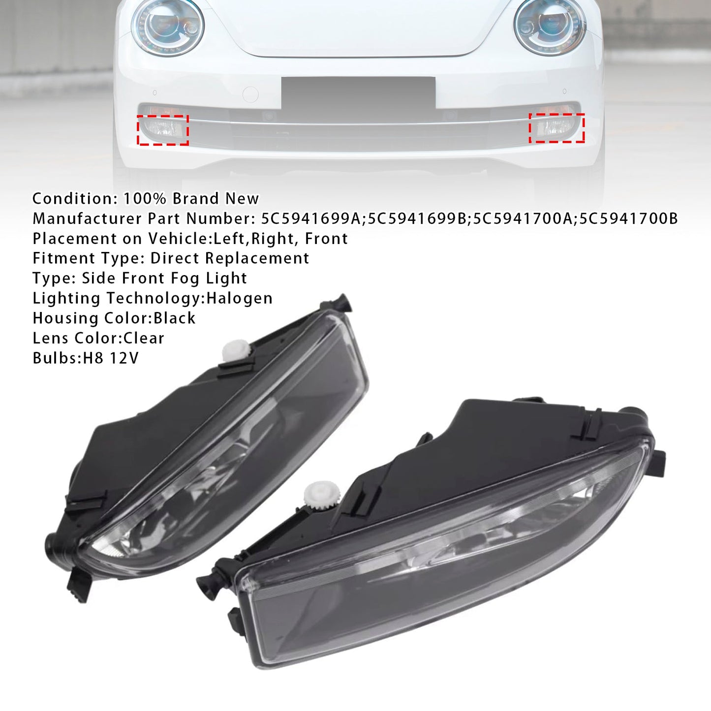 2012-2016 VW Beetle Pair Front Bumper Fog Lights With Bulbs 5C5941700A