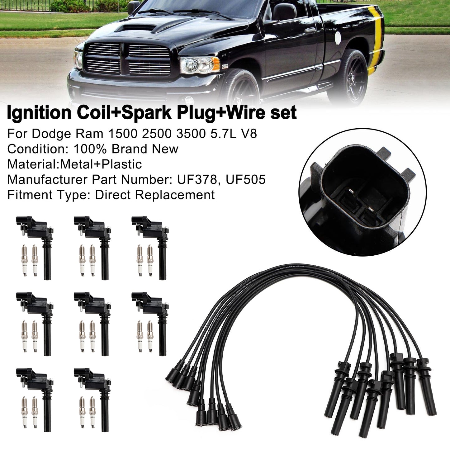 Dodge Ram 1500 2500 3500 5.7L V8 UF378 Ignition Coil+Spark Plug+Wire set