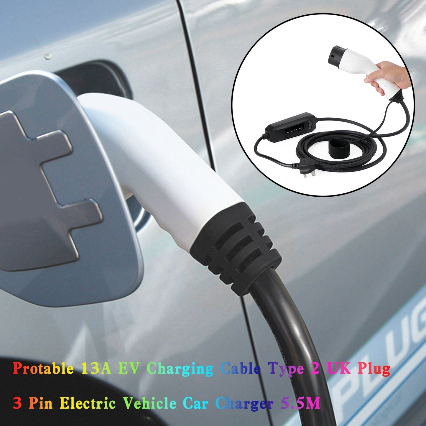 5.5M Protable 13A EV Charging Cable 3 Pin Type 2 UK Plug Electric Vehicle Car Charger