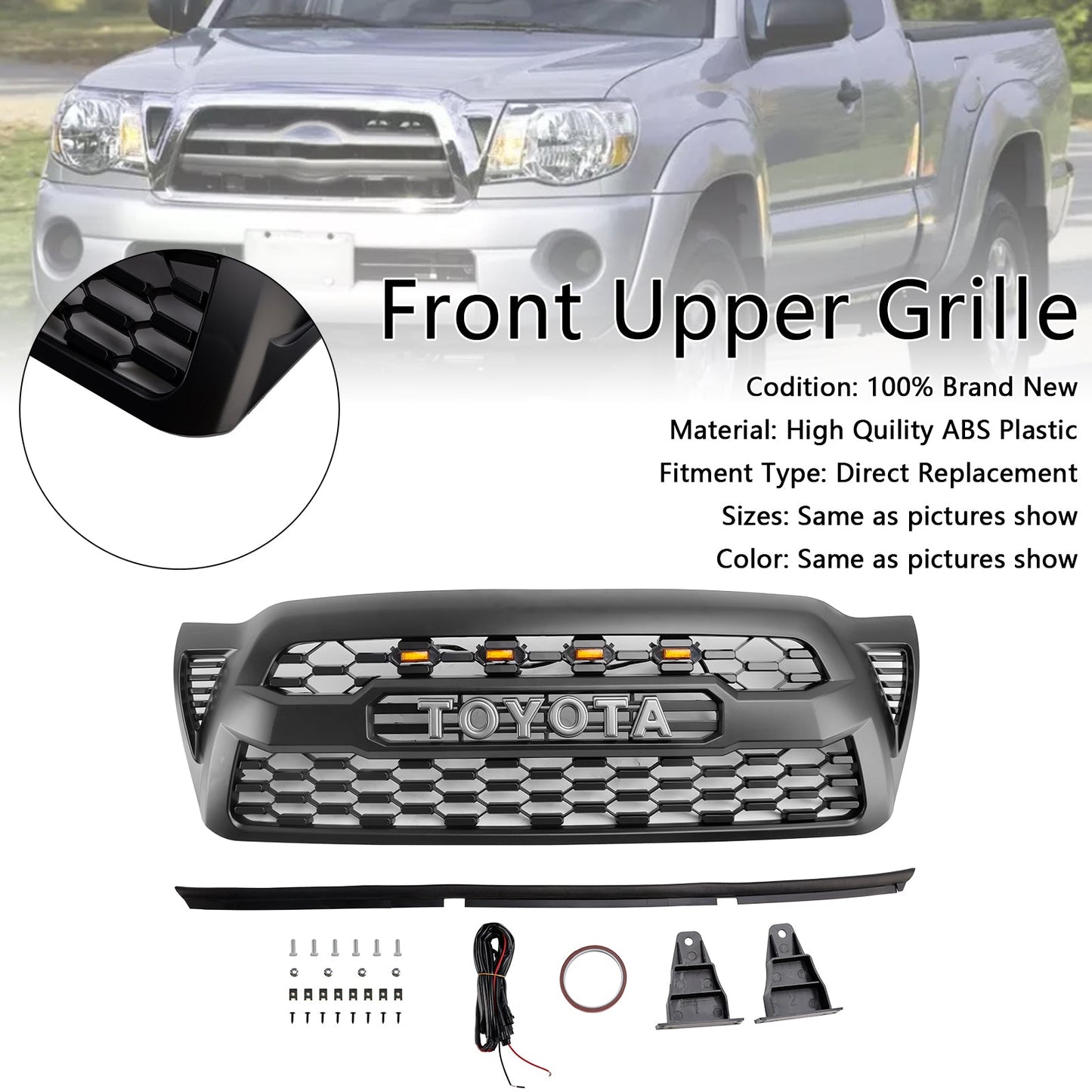 2005-2011 Toyota Tacoma W/LED Matte Black Front Bumper Grille Grill