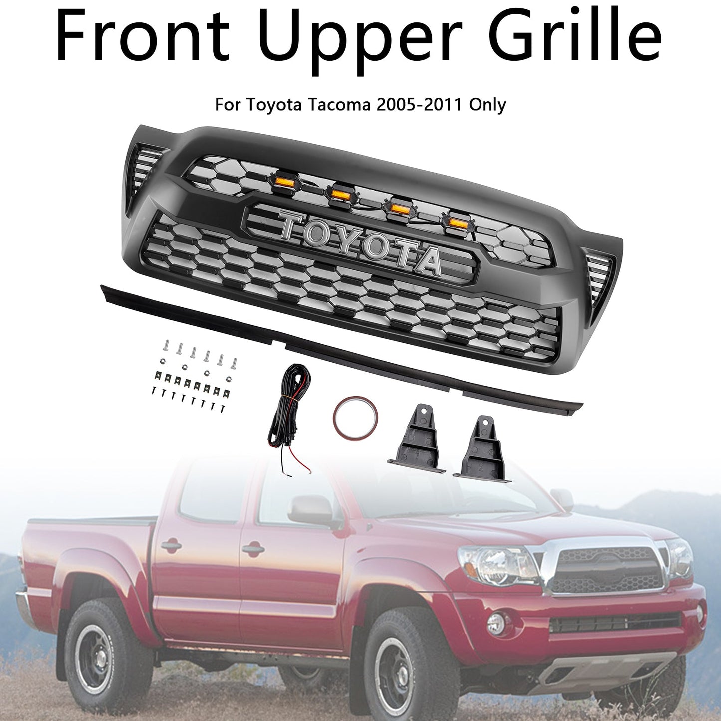 2005-2011 Toyota Tacoma W/LED Matte Black Front Bumper Grille Grill
