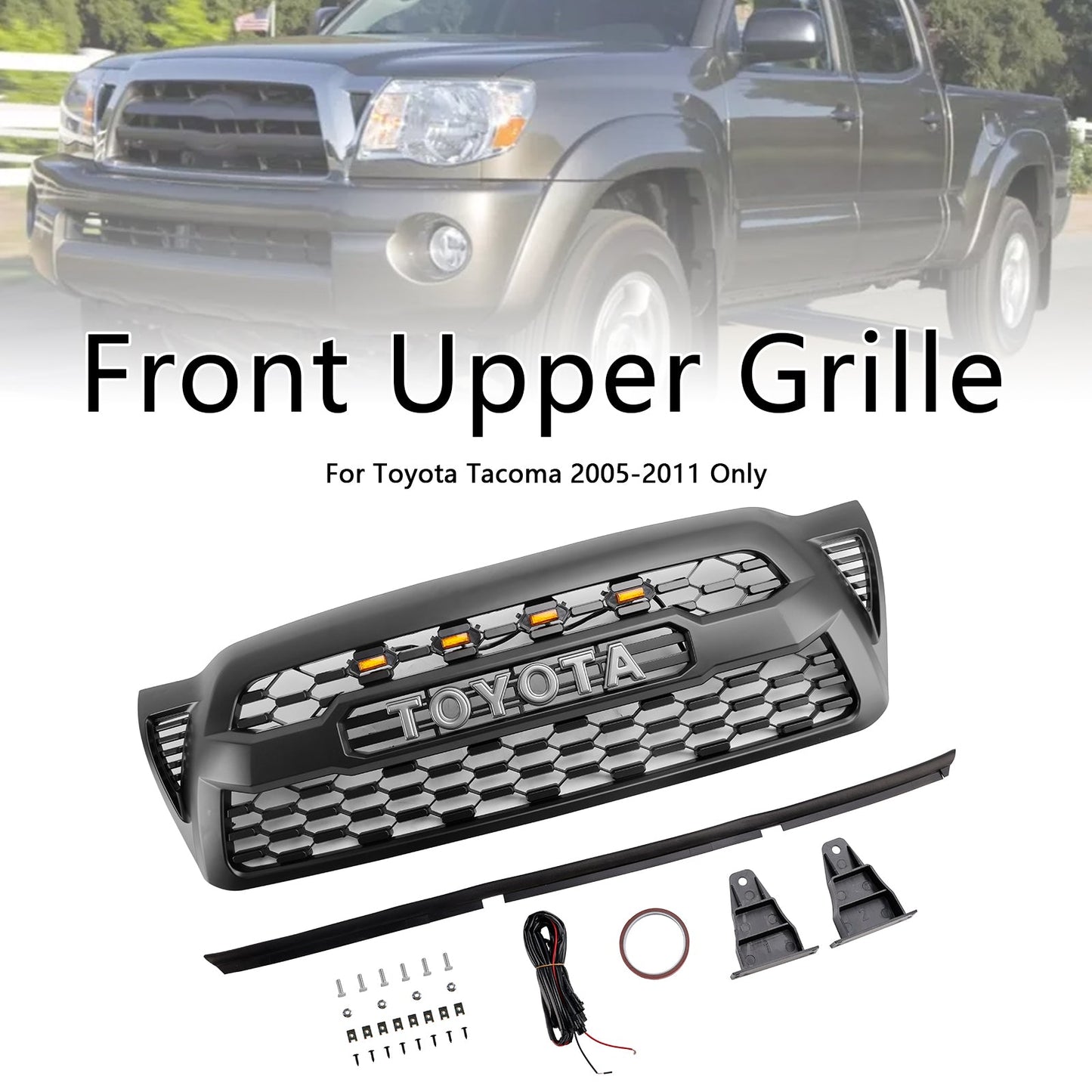 2005-2011 Toyota Tacoma W/LED Matte Black Front Bumper Grille Grill