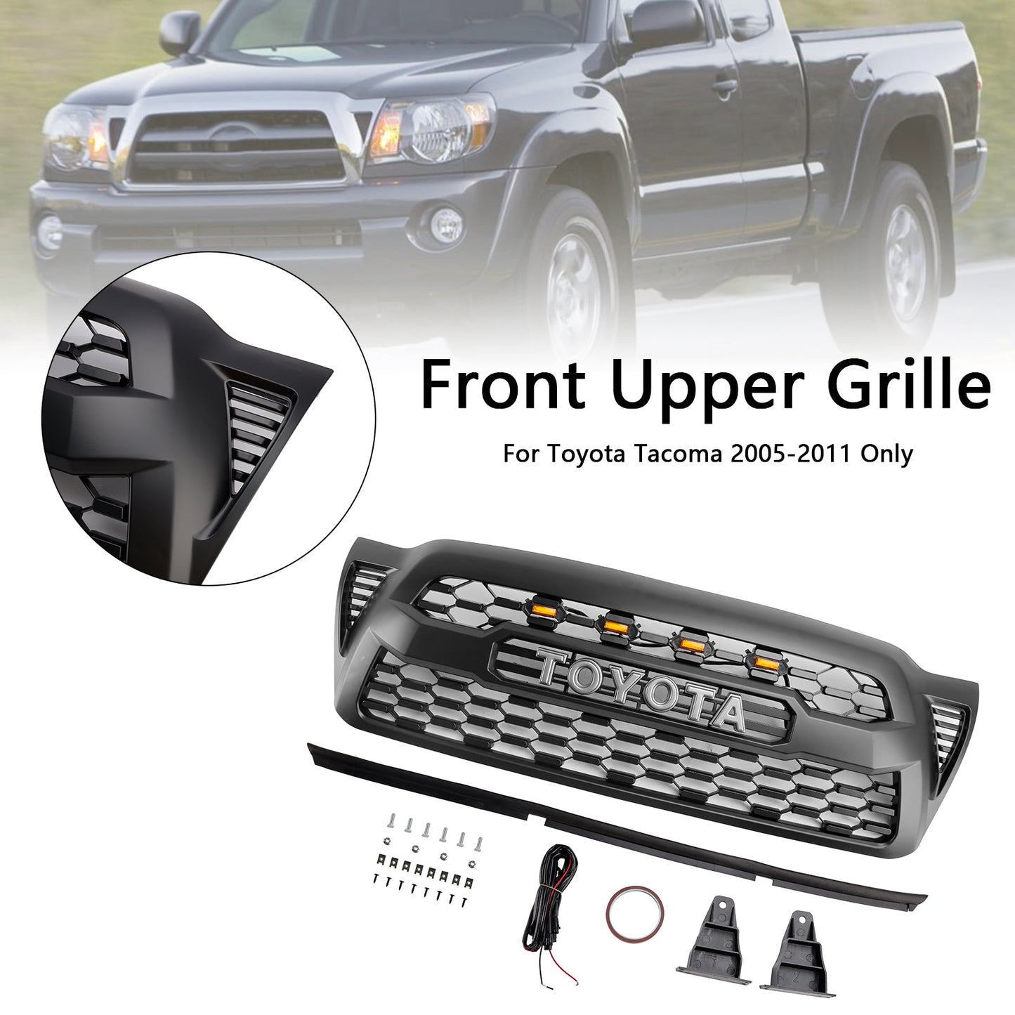 2005-2011 Toyota Tacoma W/LED Matte Black Front Bumper Grille Grill