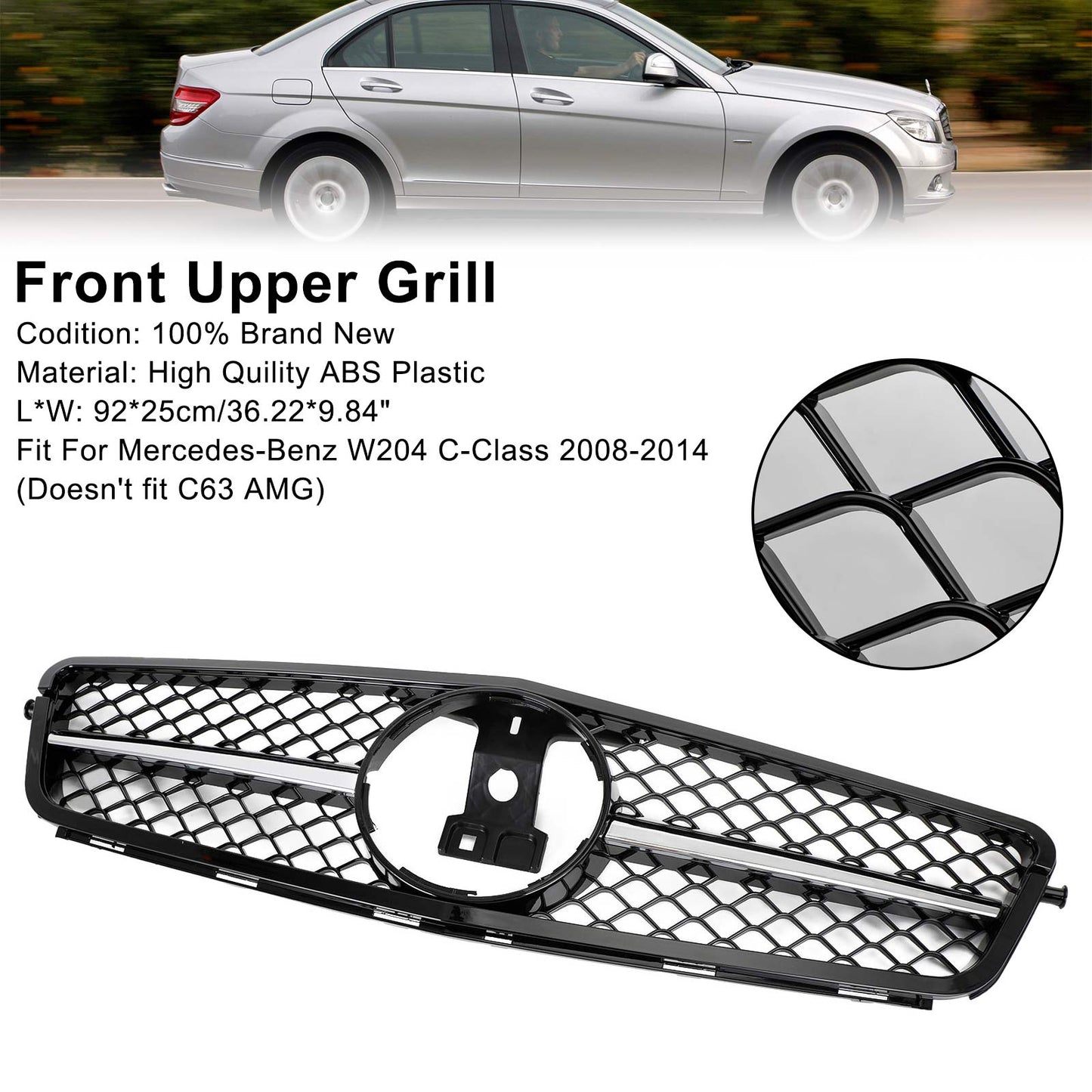 W204 C300 C-Class 2008-2014 BENZ C250 C350 ABS Gloss Black Chrome Front Bumper Car Grille