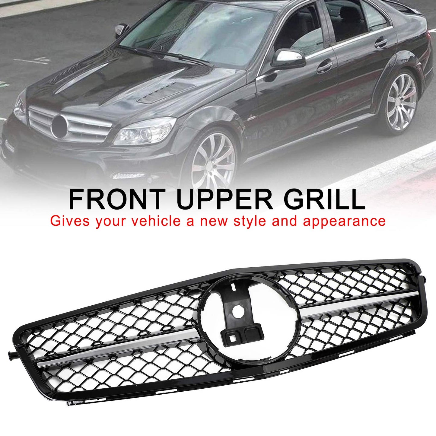 W204 C-Class 2008-2014 BENZ C250 C300 C350 ABS Gloss Black Chrome Front Bumper Car Grille