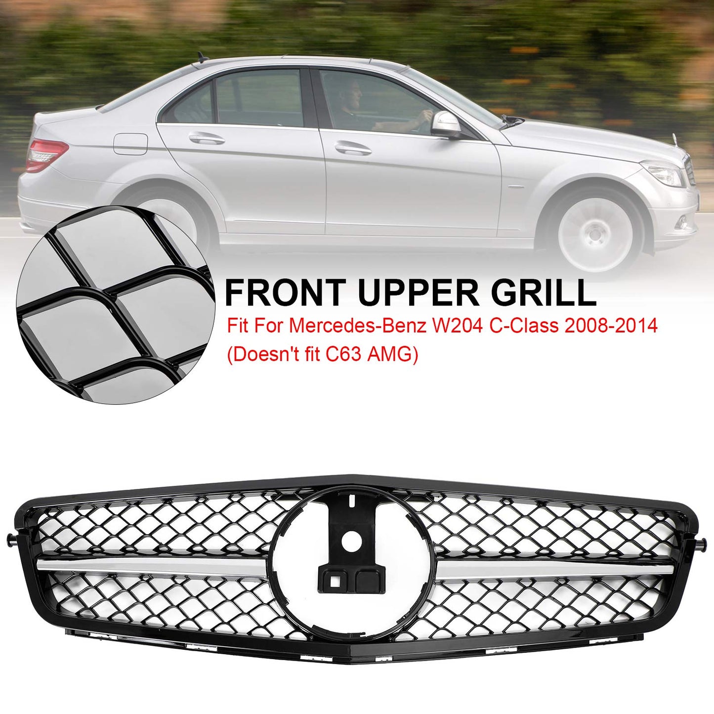 W204 C350 C-Class 2008-2014 BENZ C250 C300 ABS Gloss Black Chrome Front Bumper Car Grille