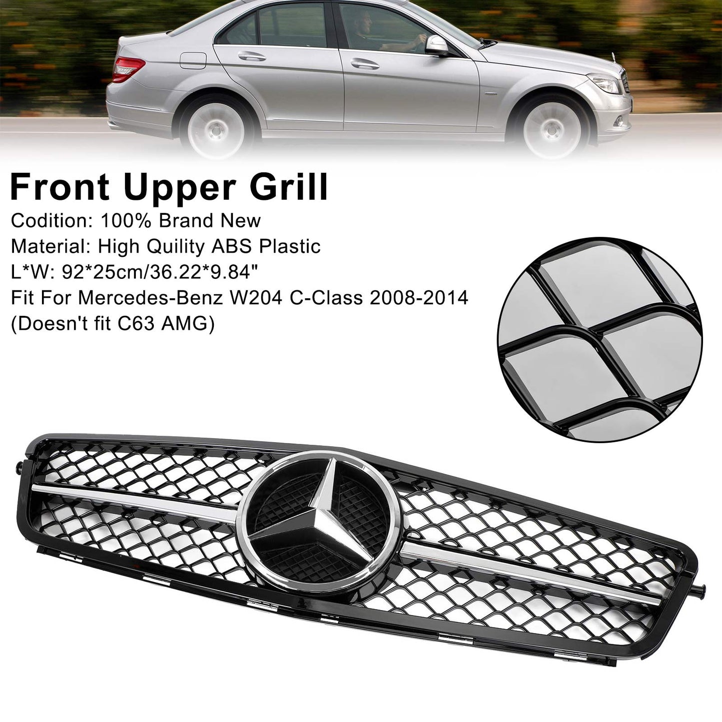 W204 C-Class 2008-2014 BENZ C250 C300 C350 ABS Gloss Black Chrome Front Bumper Car Grille