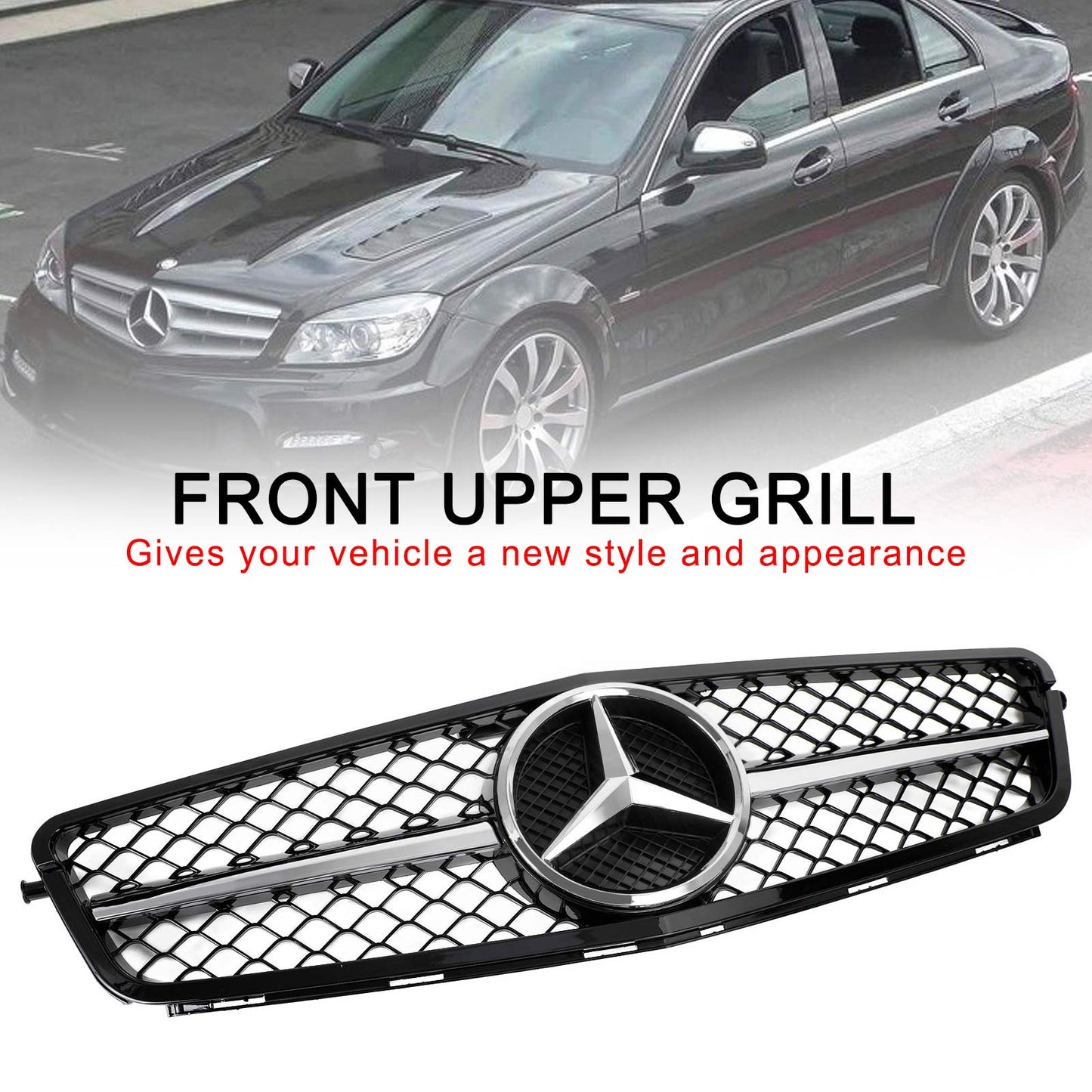 W204 C-Class 2008-2014 BENZ C250 C300 C350 ABS Gloss Black Chrome Front Bumper Car Grille