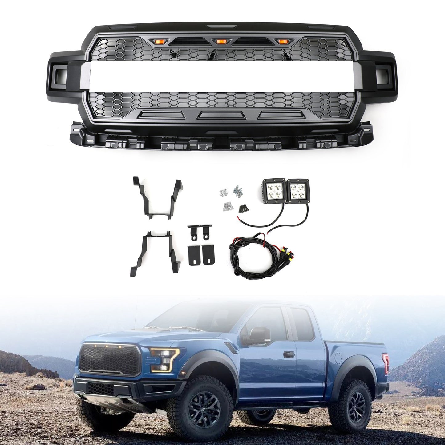 Ford F150 2018-2020 Honeycomb Grill Amber LED Raptor Style Grill Grille