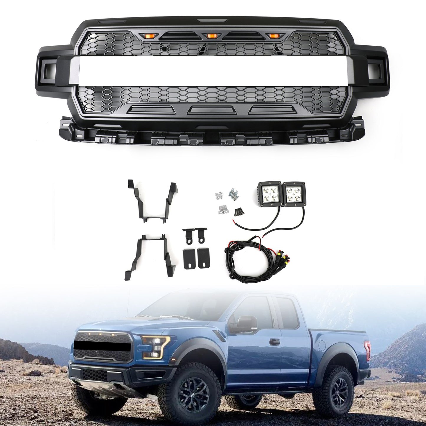 Ford F150 2018-2020 Honeycomb Grill Amber LED Raptor Style Grill Grille