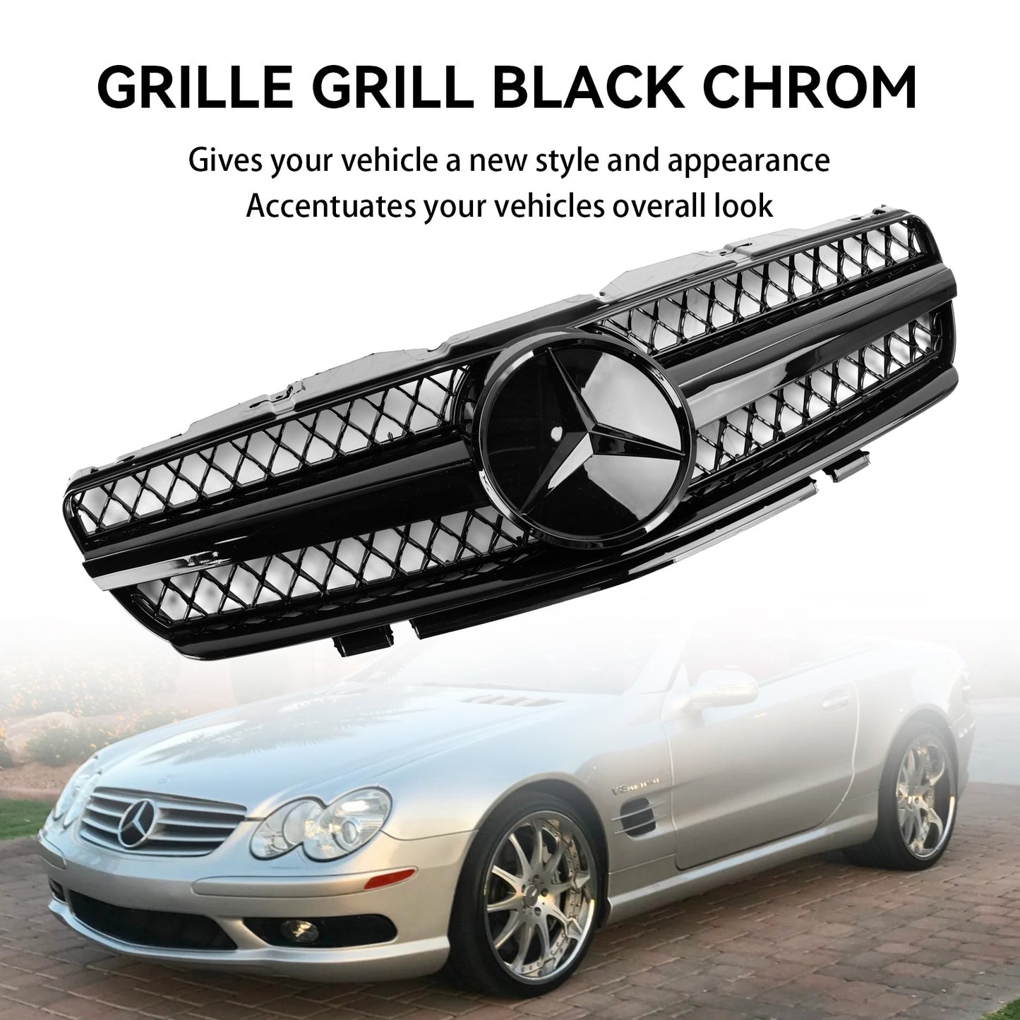 2003-2006 Mercedes R230 SL500 SL600 SL55 1 Fin Star Black Front Upper Grille Grill