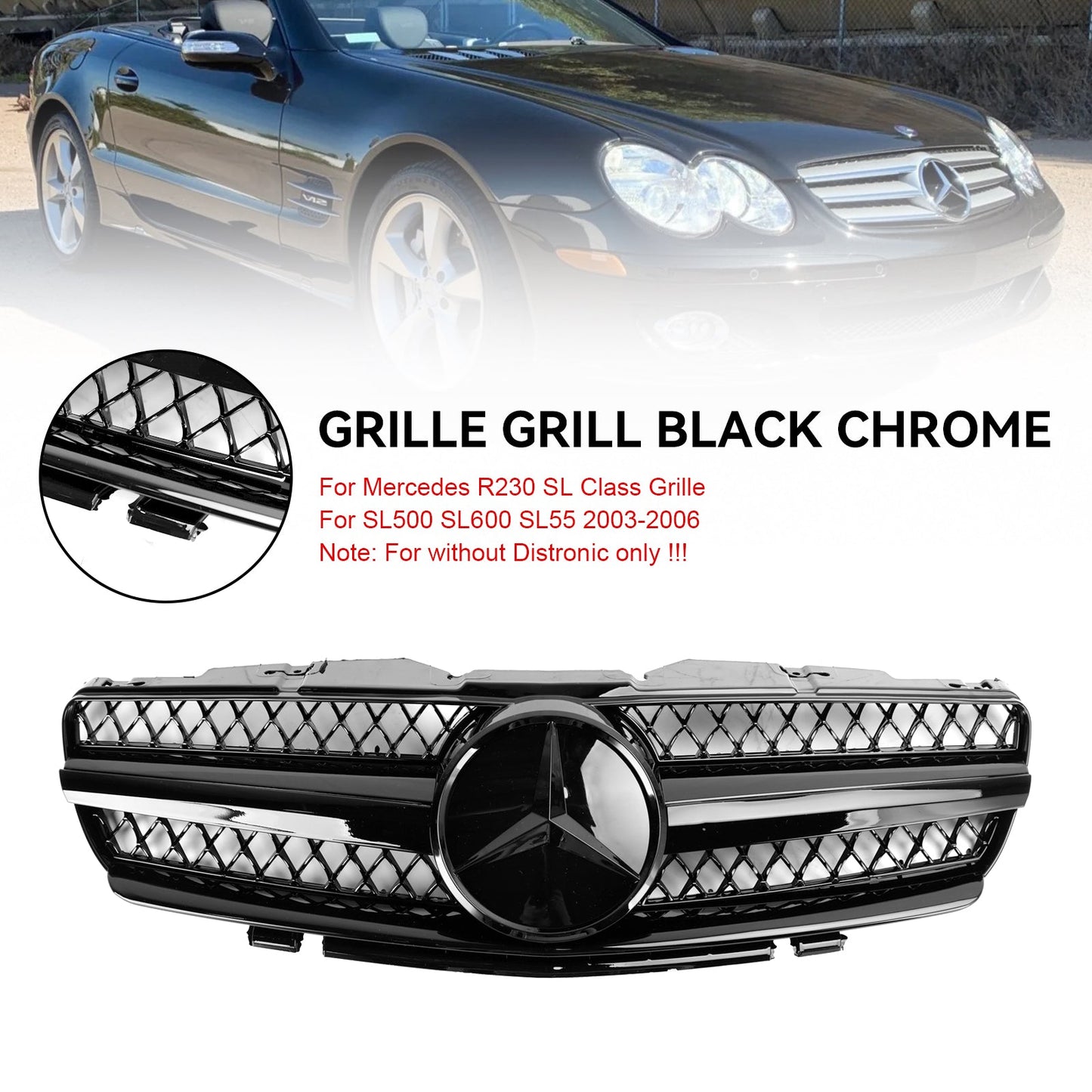 2003-2006 Mercedes R230 SL500 SL600 SL55 1 Fin Star Black Front Upper Grille Grill