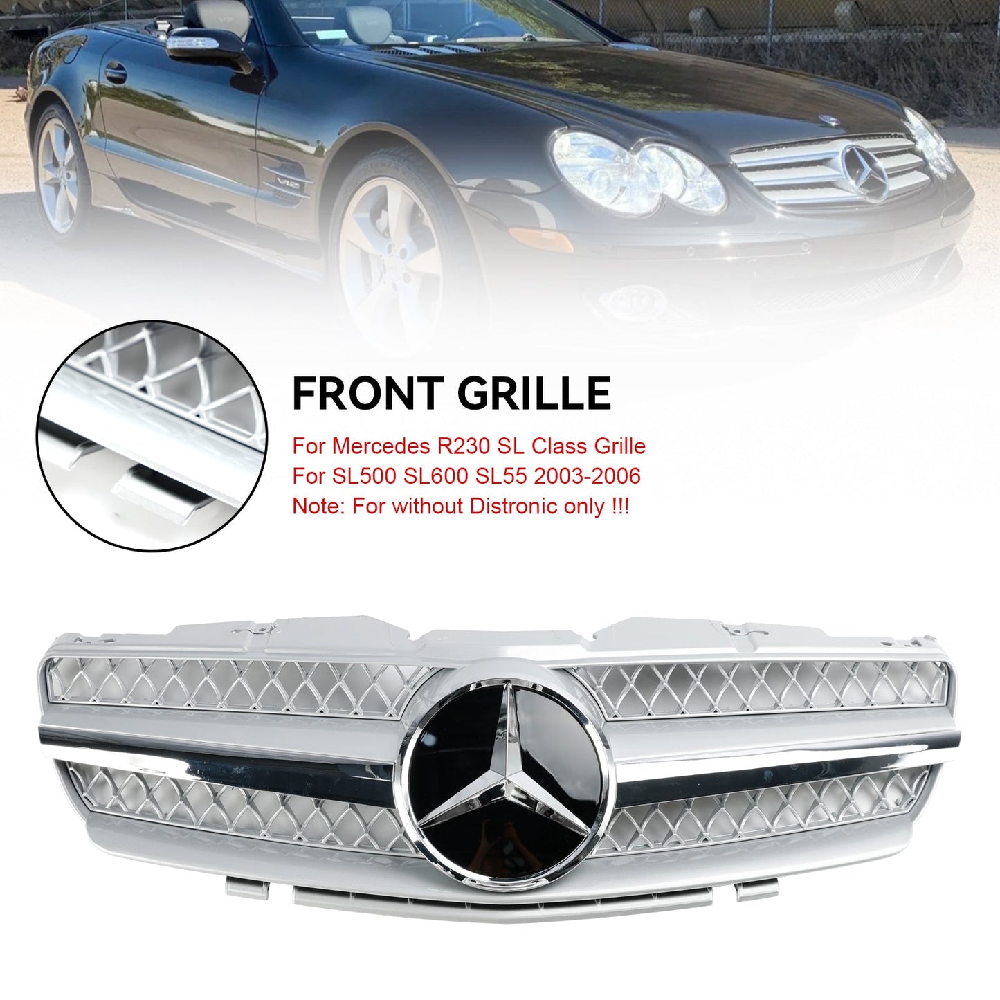 2003-2006 Mercedes R230 SL500 SL600 1 Fin Front Bumper Upper Grill Grille