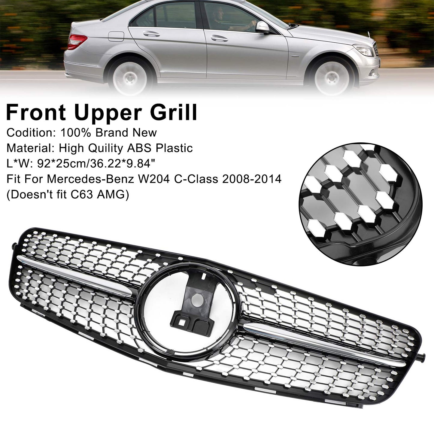 C-Class W204 2008-2014 Mercedes Benz C200 C300 Car Grille Diamond Black Chrome Front Grille Grill