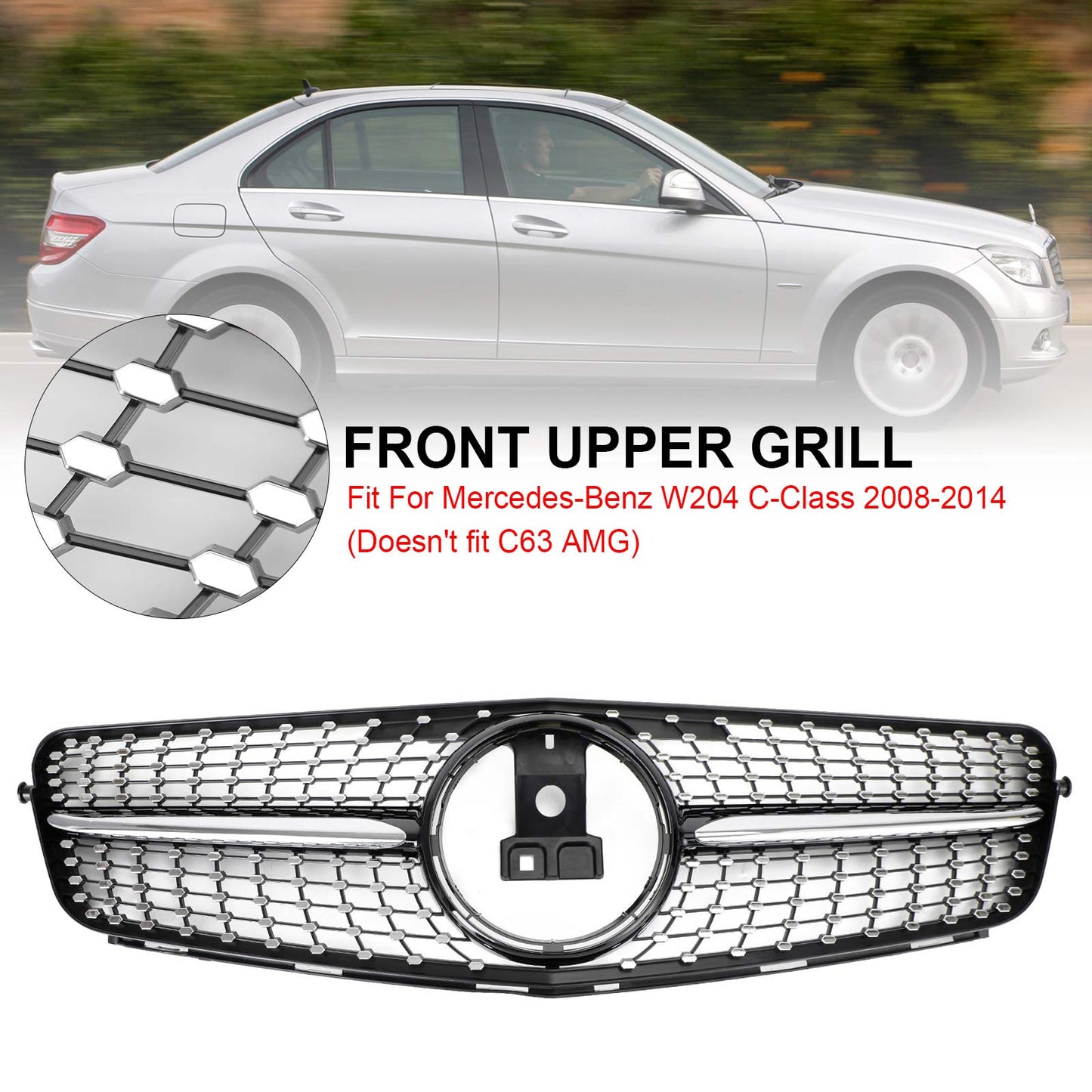 W204 C-Class 2008-2014 Mercedes Benz C200 C300 Car Grille Diamond Black Chrome Front Grille Grill