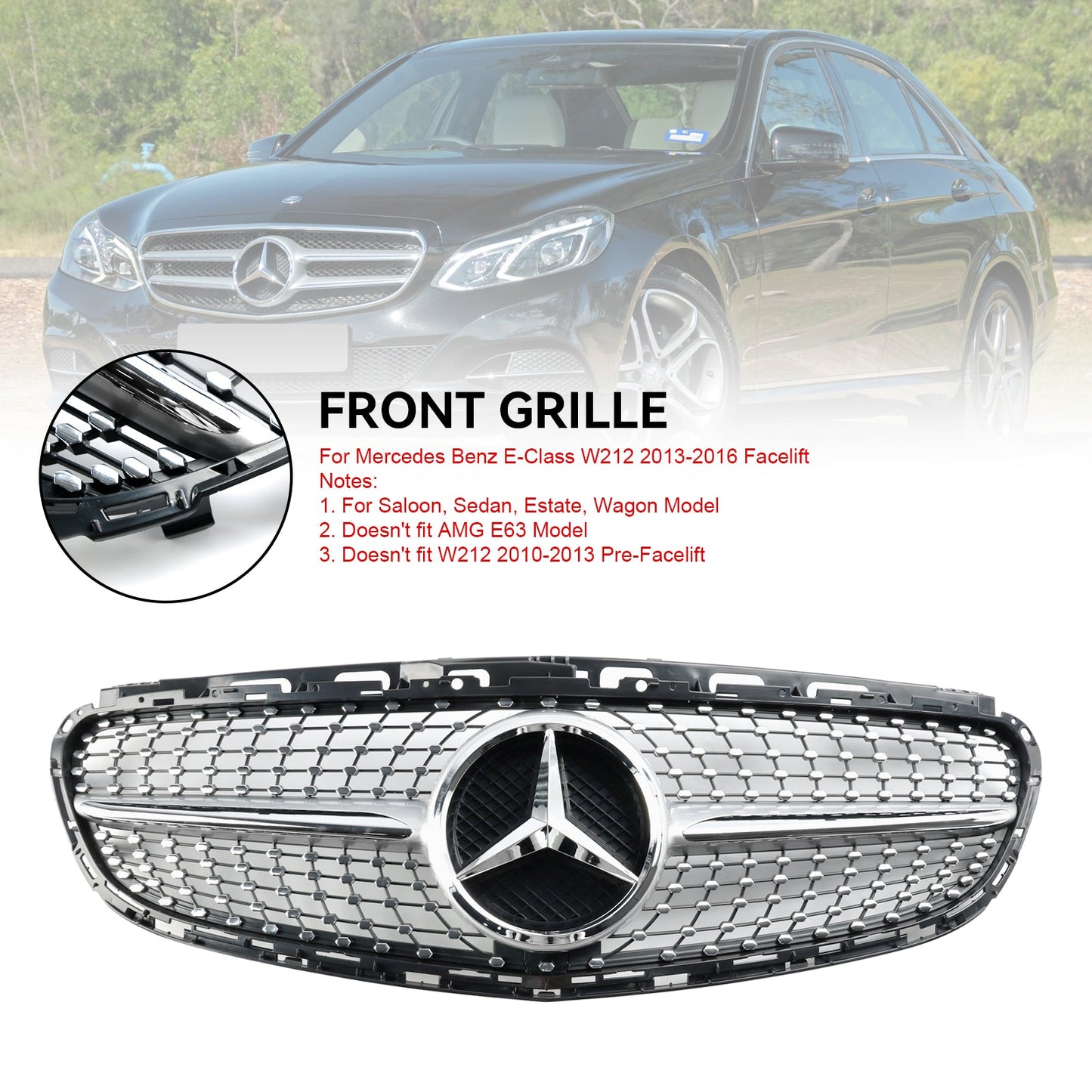 Diamond Front Bumper Grille Grill Fit Mercedes E-Class W212 2013-2016 Facelift