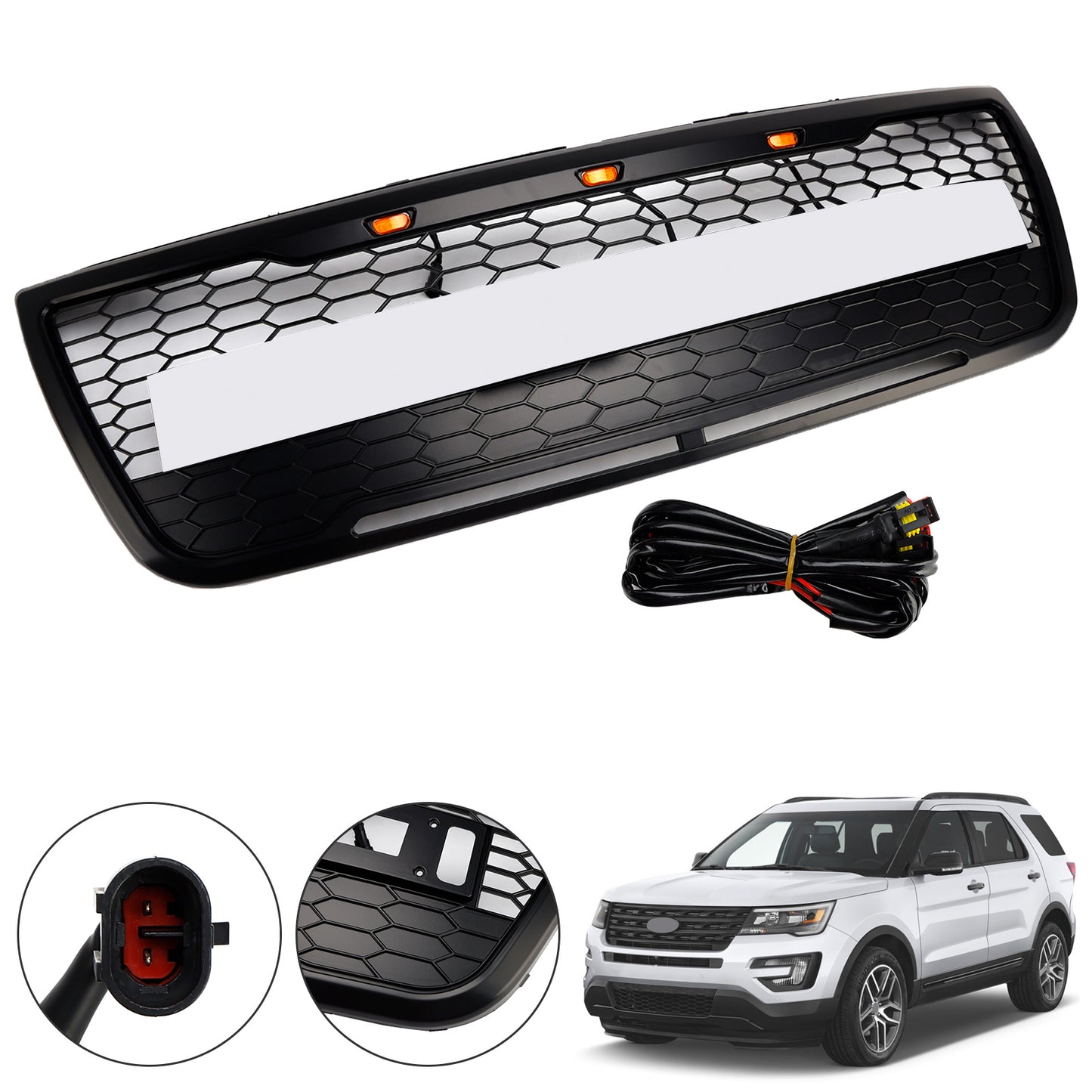 Front Upper Bumper Grill Grille Fit Ford Explorer 2012-2015 With Lights Grey