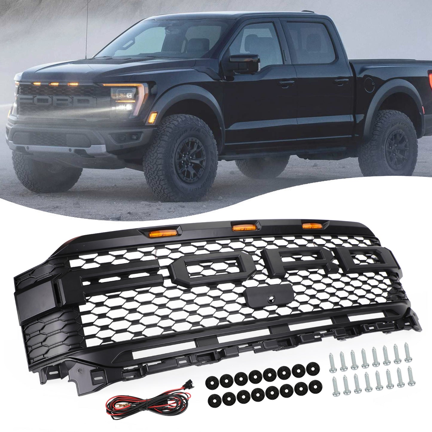 2021-2022 Ford F150 Raptor Style Replacement ABS Front Bumper Grille Grill W/ LED