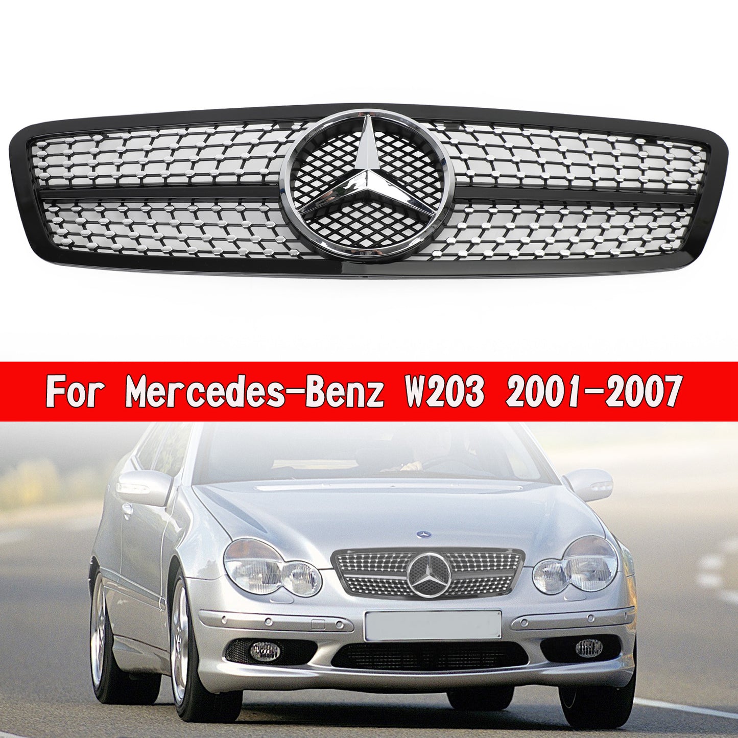 C63 AMG Style Grille Black Diamond Fit Benz W203 2001-2007