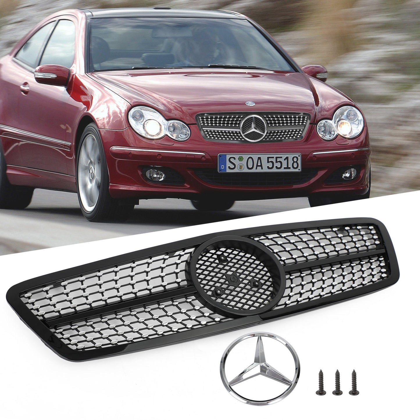 C63 AMG Style Grille Black Diamond Fit Benz W203 2001-2007