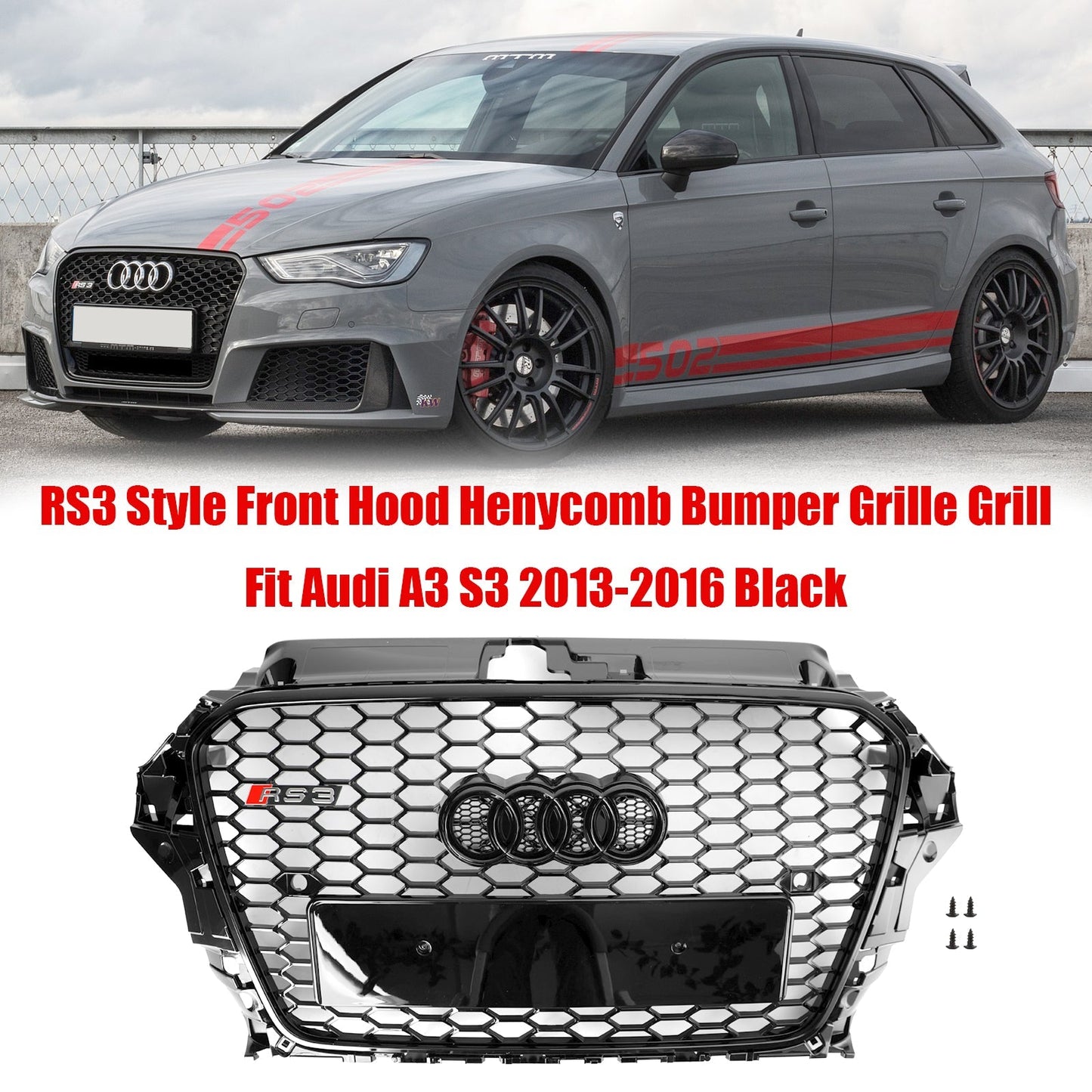 Audi S3 2013-2016 RS3 Style Grill Front Hood Henycomb Bumper Car Grille Black