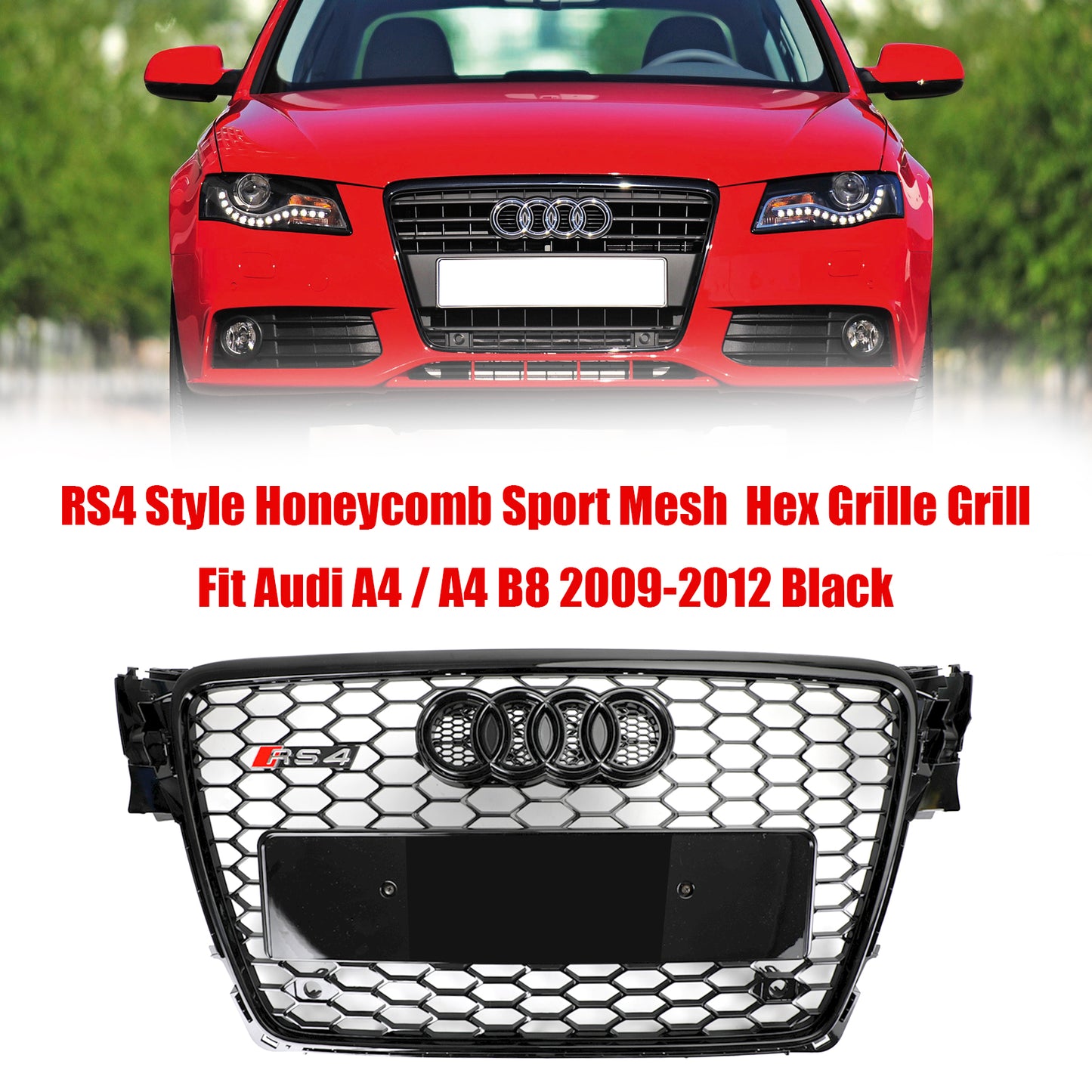 2009-2012 Audi A4 / A4 Avant / S4 B8 Honeycomb Sport Mesh Hex Car Grille Grill RS4 Style Black