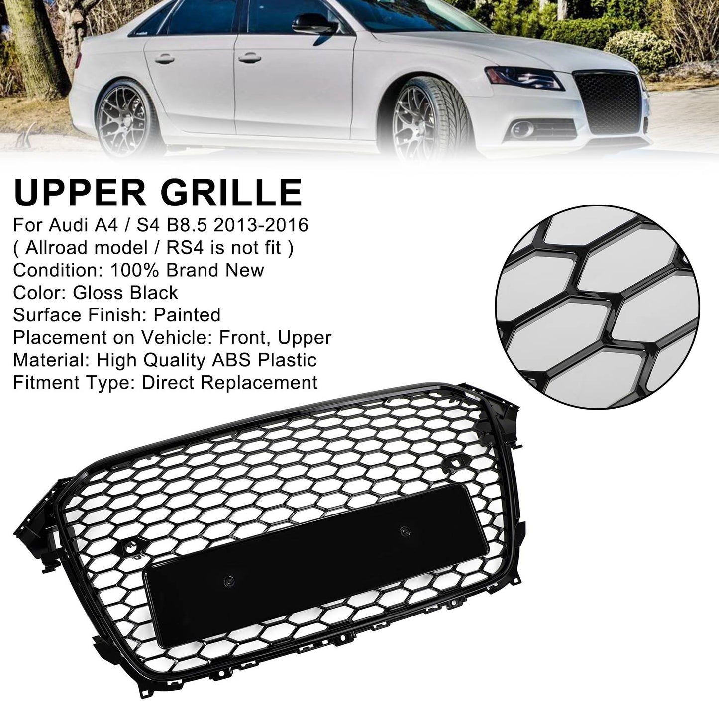 2013-2016 Audi A4 S4 Mesh Front Bumper Grille Grill Gloss Black RS4 Style