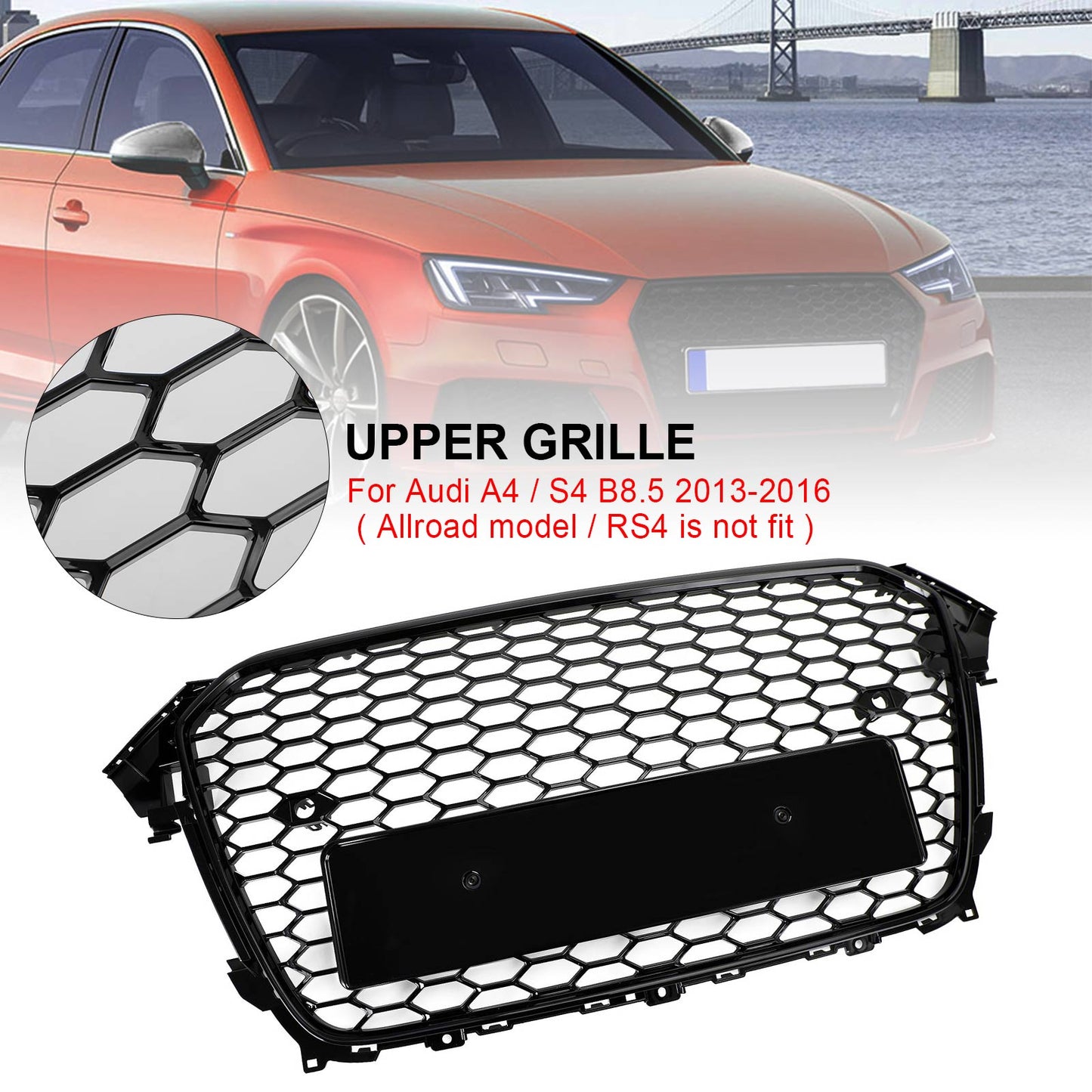 2013-2016 Audi A4 / S4 B8.5 Mesh Front Bumper Grille Grill Gloss Black RS4 Style