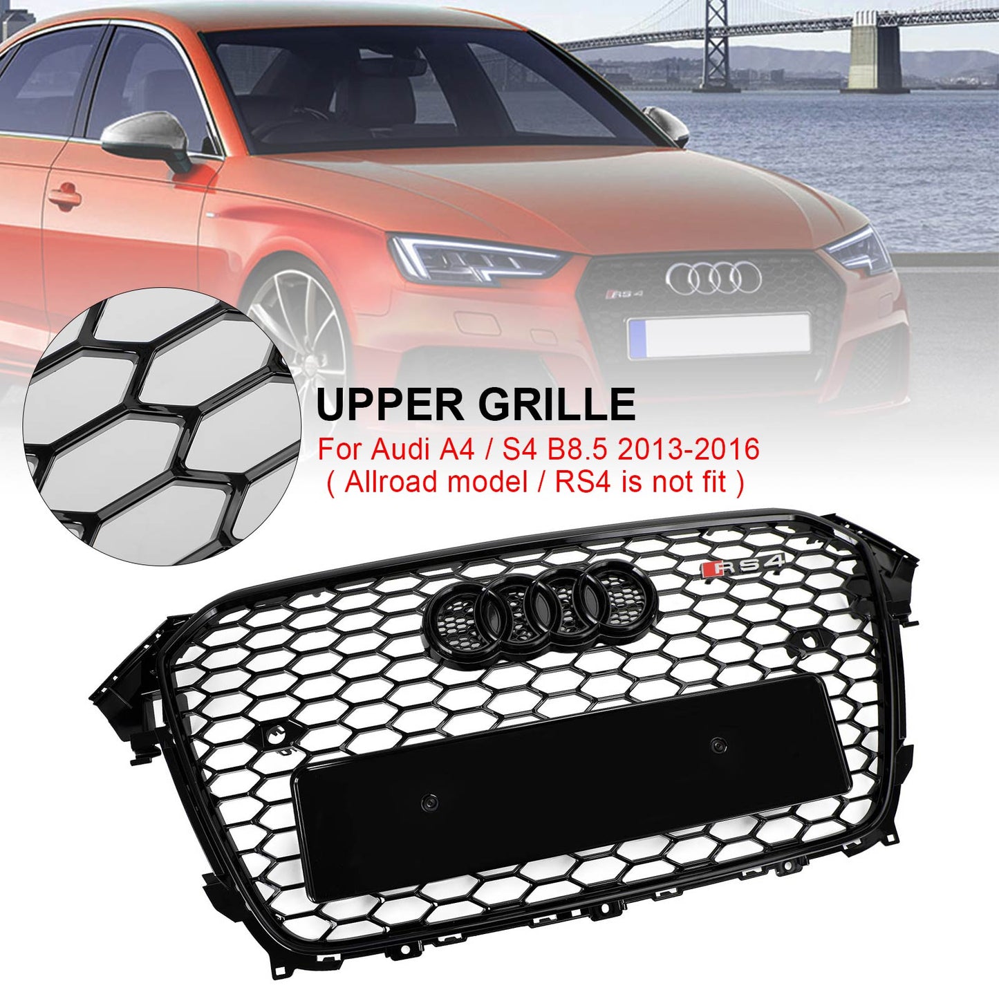 2013-2016 Audi A4 / S4 B8.5 Mesh Front Bumper Grille Grill Gloss Black RS4 Style