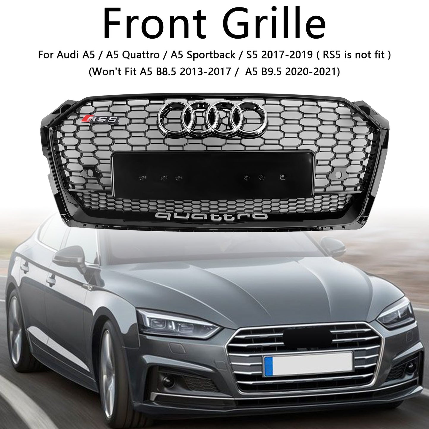 2017-2019 Audi A5 S5 B9 RS5 Style Honeycomb Sport Mesh Hex Grill Grille