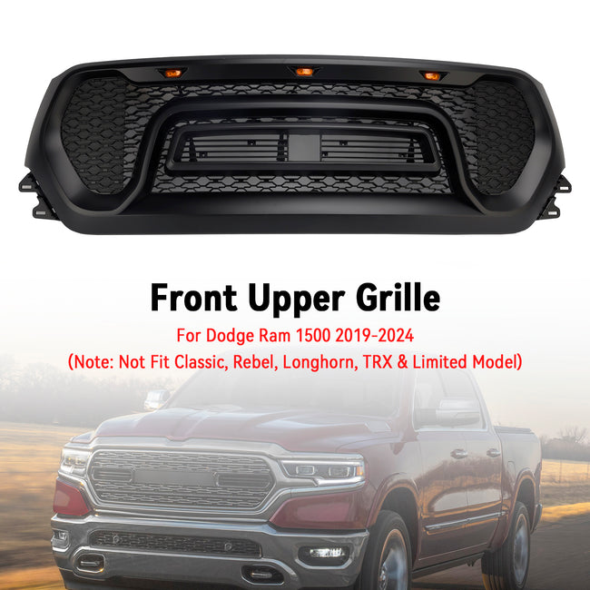 Black Front Honeycomb Upper Hood Grille Grill Fit Dodge Ram 1500 2019-2024