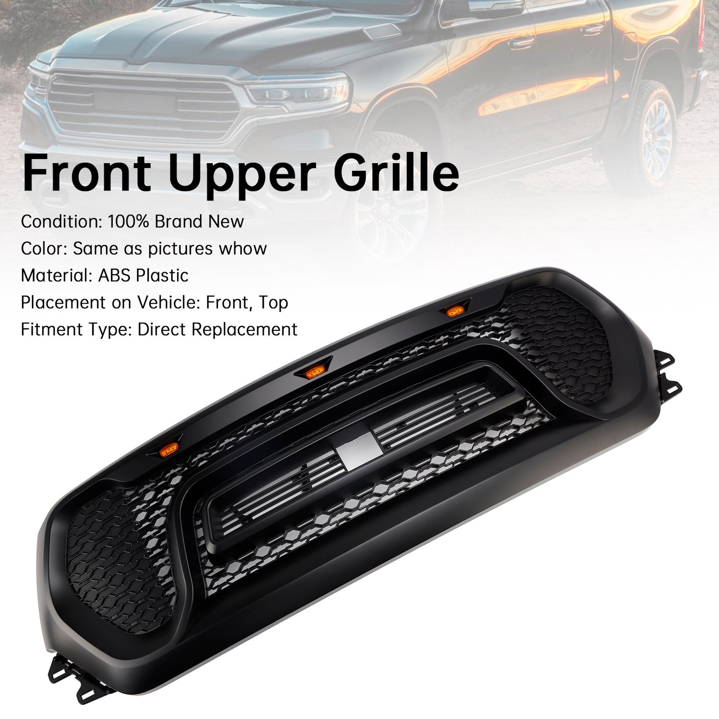 Black Front Honeycomb Upper Hood Grille Grill Fit Dodge Ram 1500 2019-2024