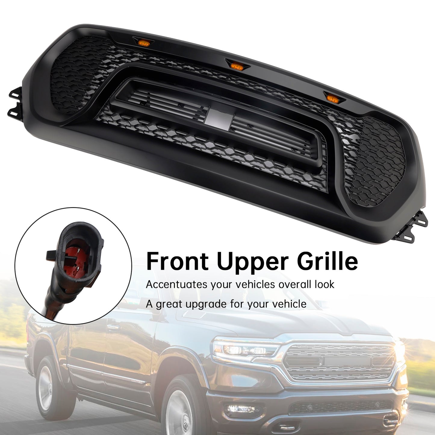 Black Front Honeycomb Upper Hood Grille Grill Fit Dodge Ram 1500 2019-2024