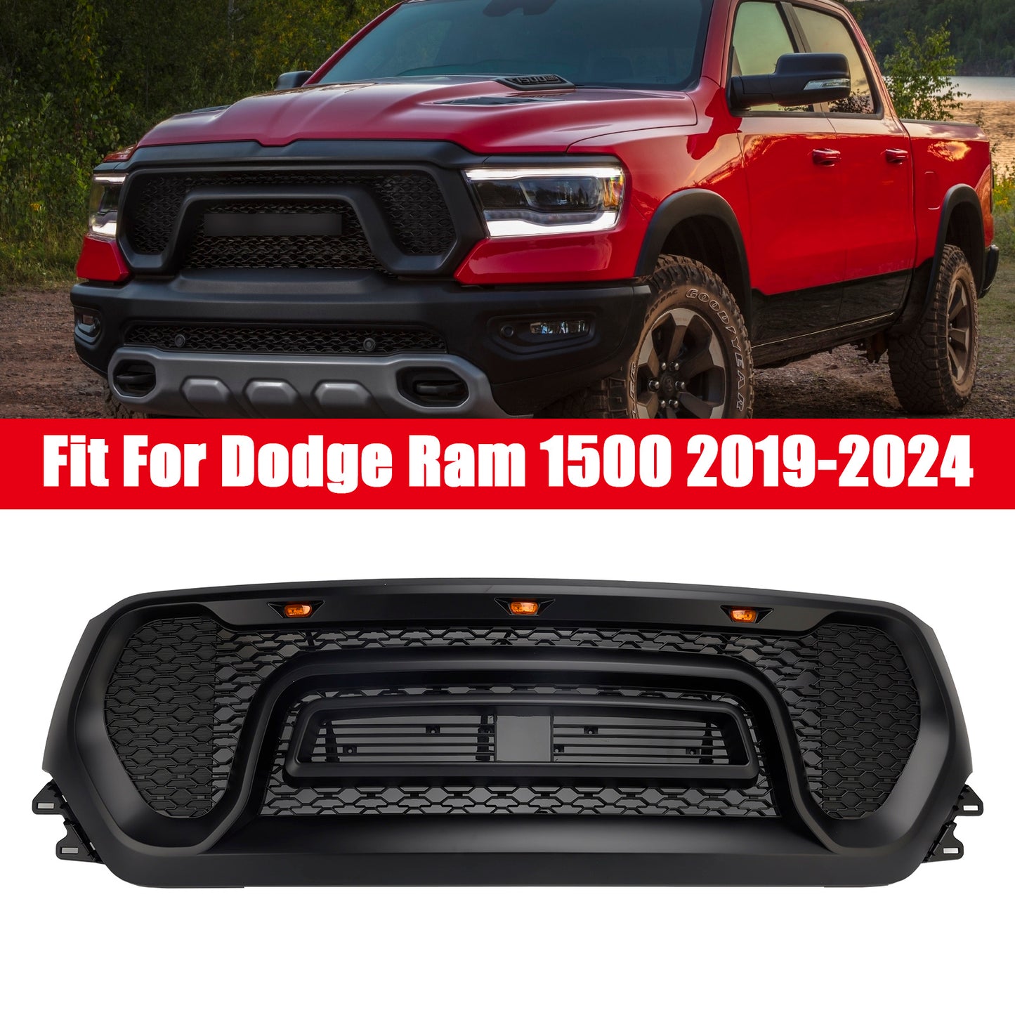 Black Front Honeycomb Upper Hood Grille Grill Fit Dodge Ram 1500 2019-2024