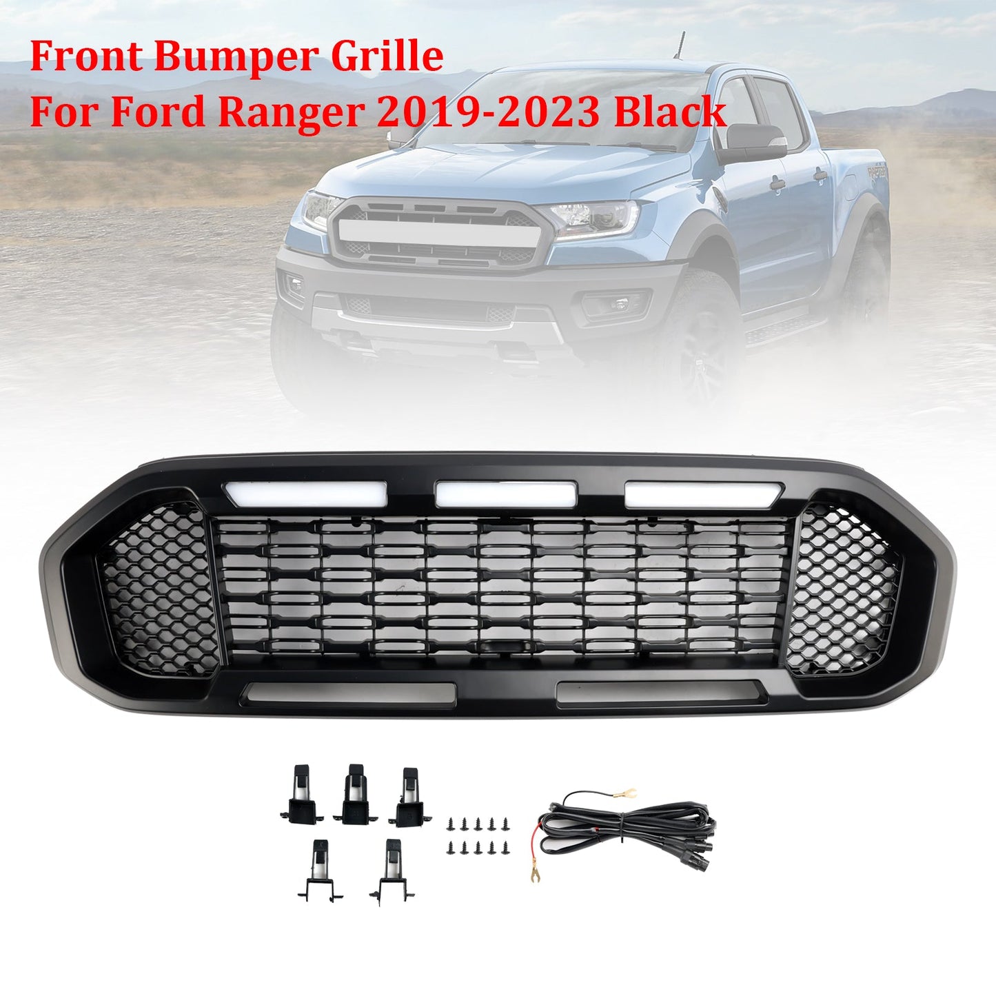 2019-2023 Ford Ranger T8 Black Front Bumper Grill Grille W/LED Light