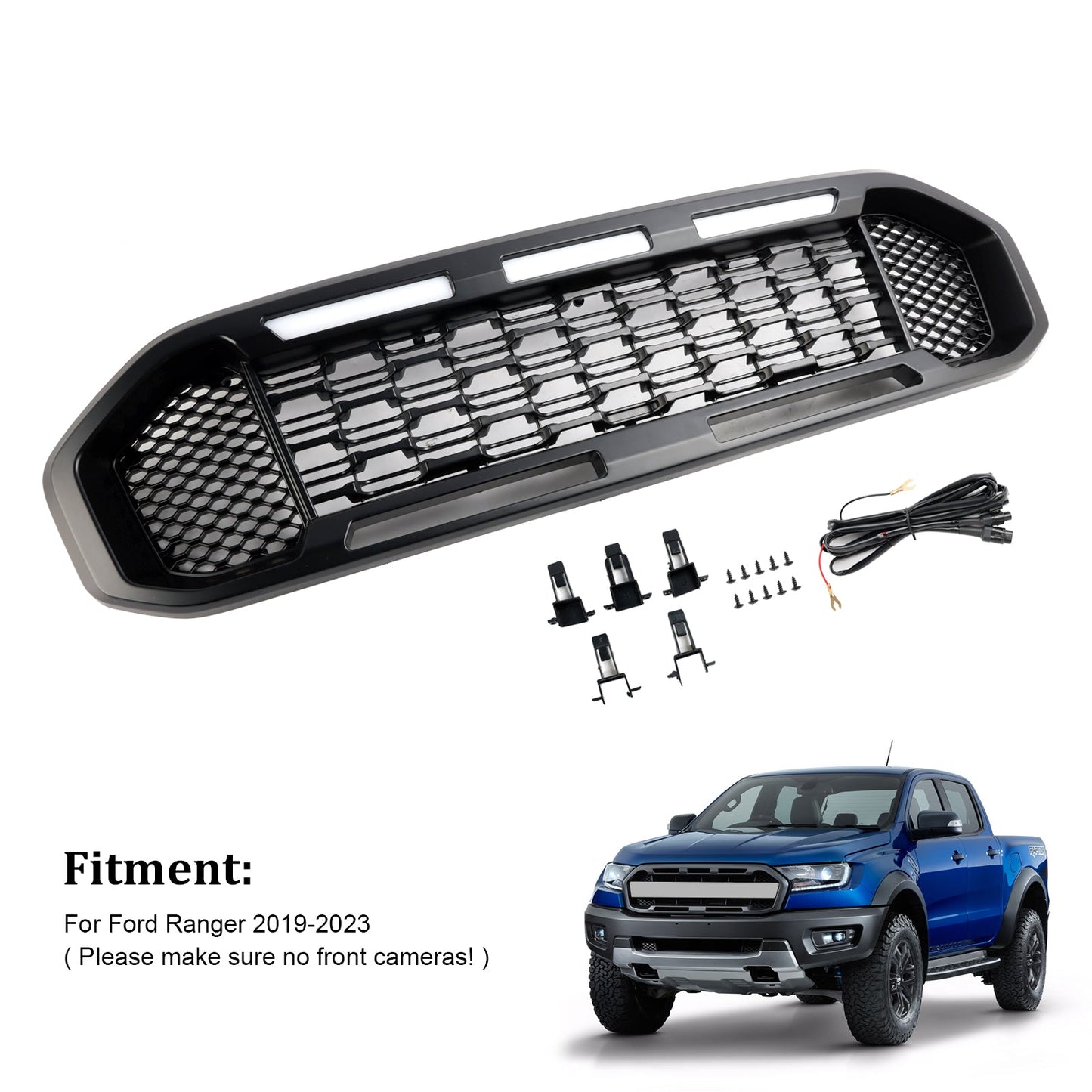 2019-2023 Ford Ranger T8 Black Front Bumper Grill Grille W/LED Light