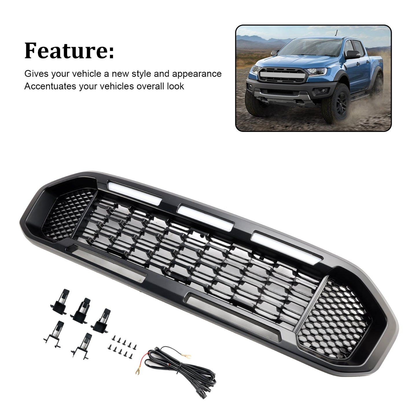 2019-2023 Ford Ranger T8 Black Front Bumper Grill Grille W/LED Light