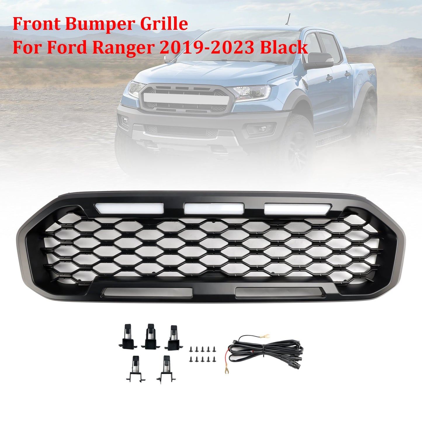 2019-2023 Ford Ranger T8 Front Bumper Grill Grille Black W/LED Light