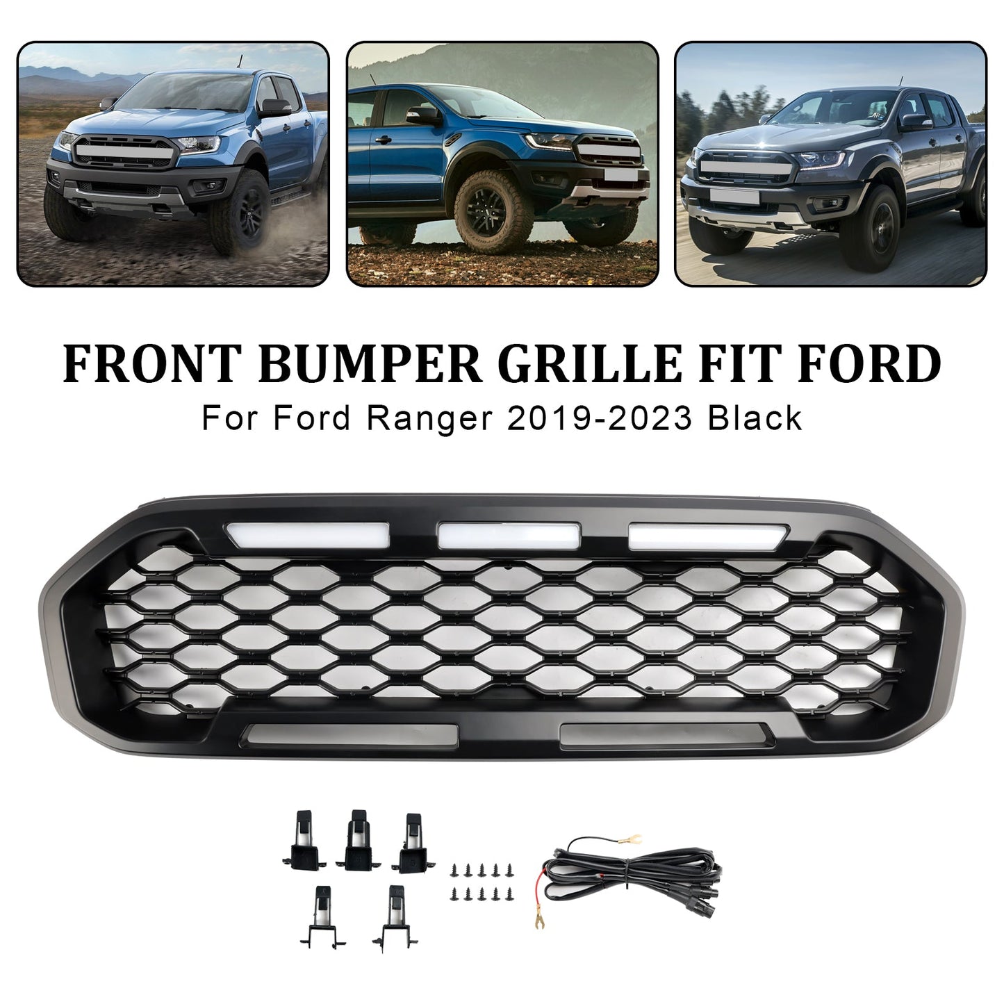 2019-2023 Ford Ranger T8 Front Bumper Grill Grille Black W/LED Light