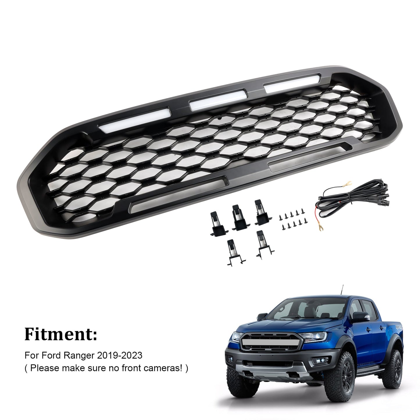 2019-2023 Ford Ranger T8 Front Bumper Grill Grille Black W/LED Light