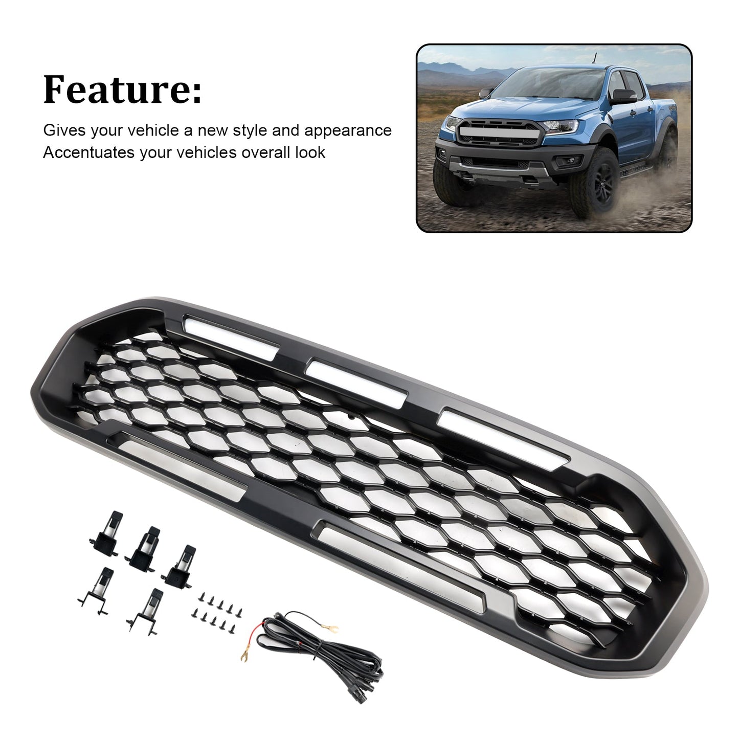 2019-2023 Ford Ranger T8 Front Bumper Grill Grille Black W/LED Light