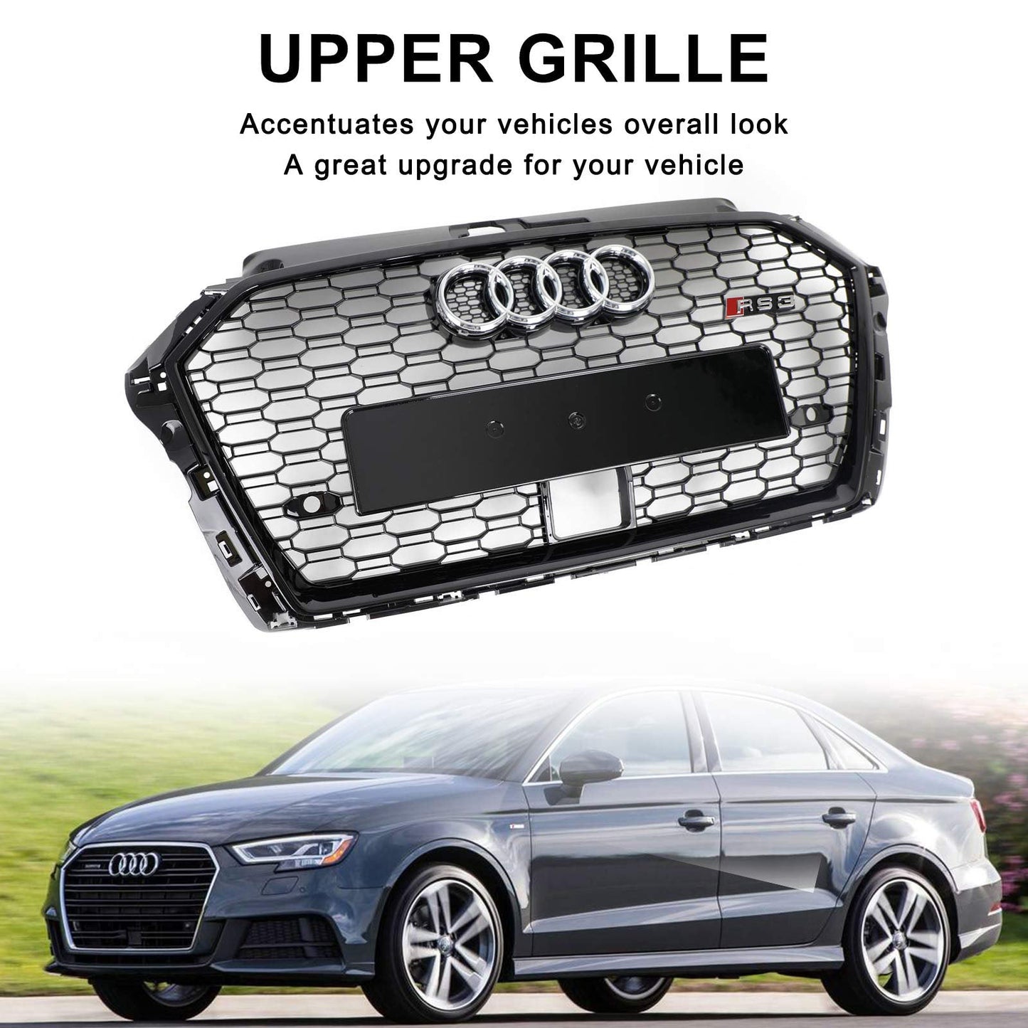 Audi A3 S3 2017-2019 Honeycomb Front Grille RS3 Style Gloss Black With ACC