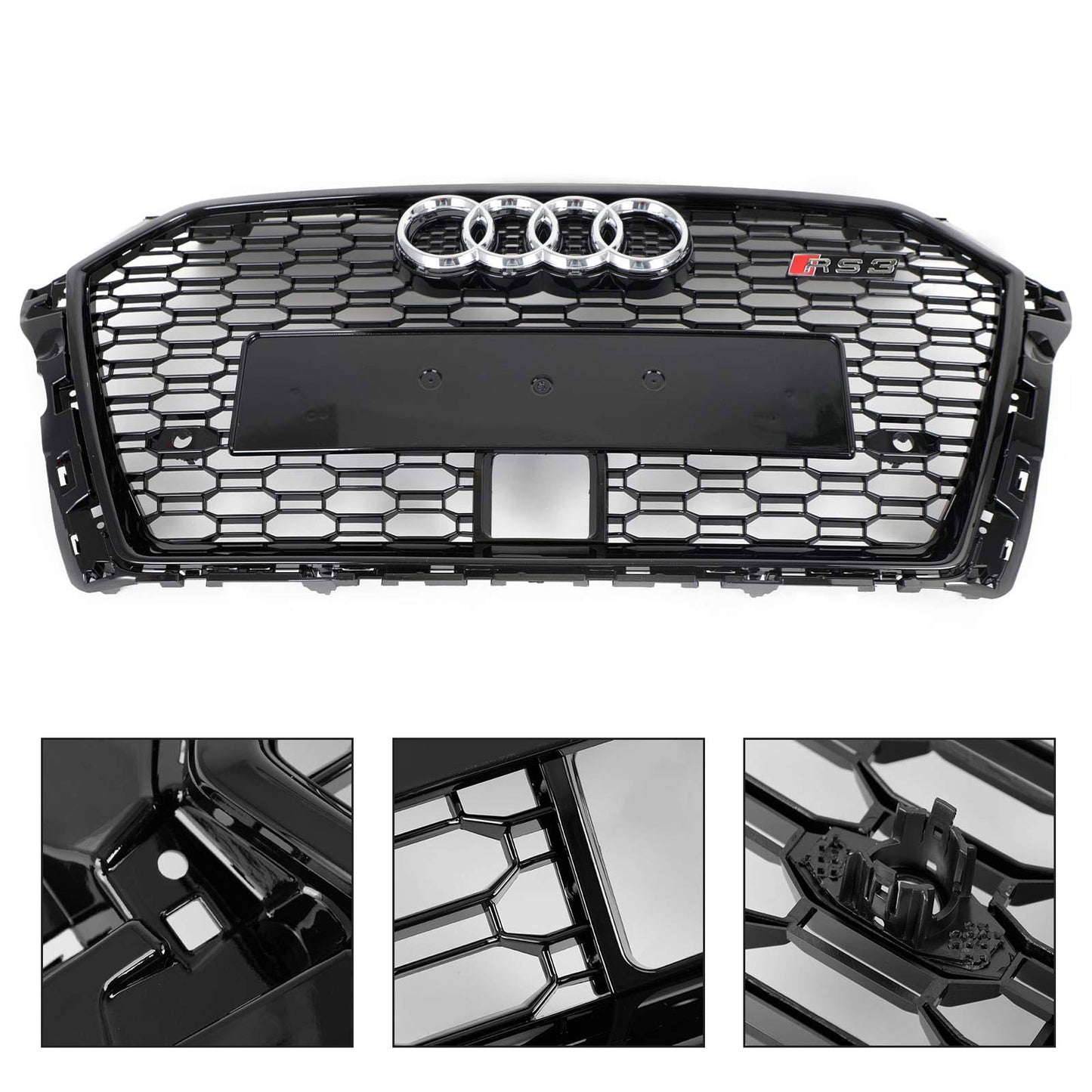 Audi A3 S3 2017-2019 Honeycomb Front Grille RS3 Style Gloss Black With ACC