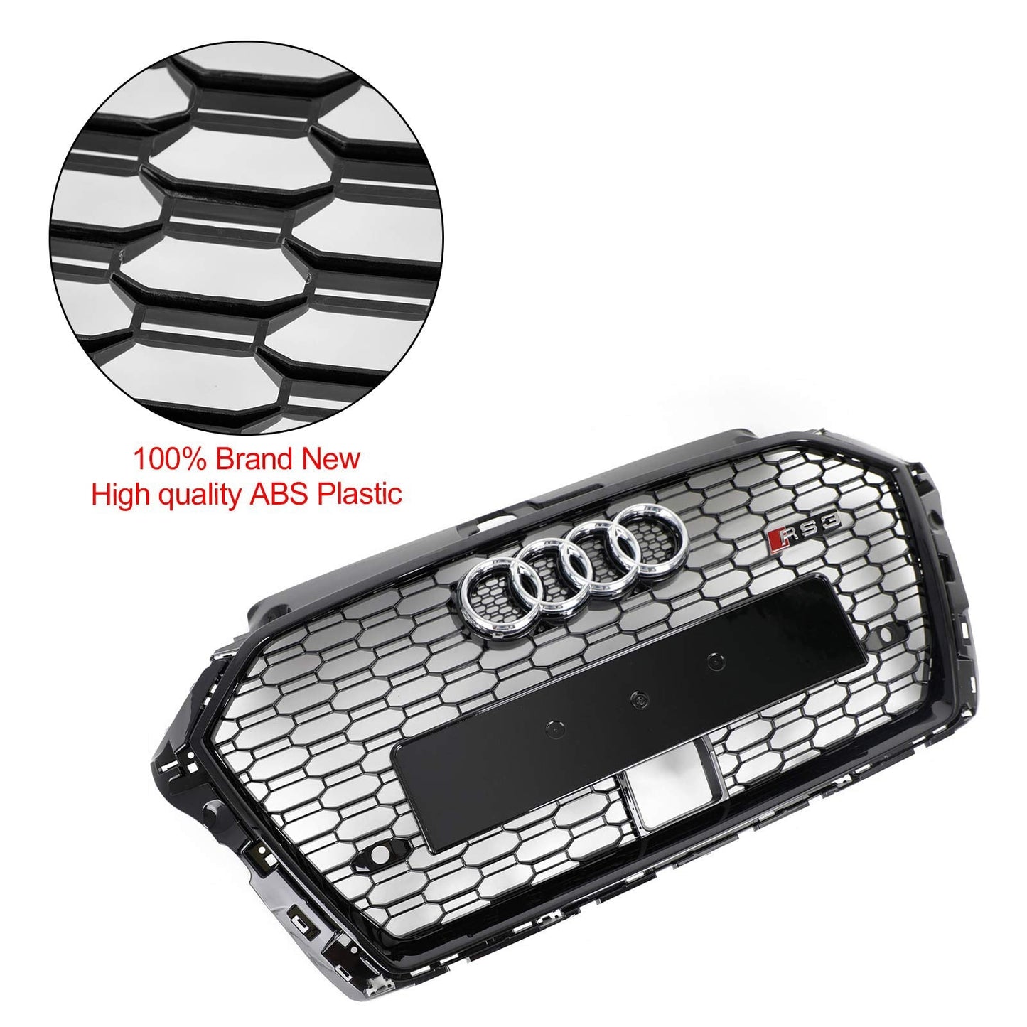 Audi A3 S3 2017-2019 Honeycomb Front Grille RS3 Style Gloss Black With ACC