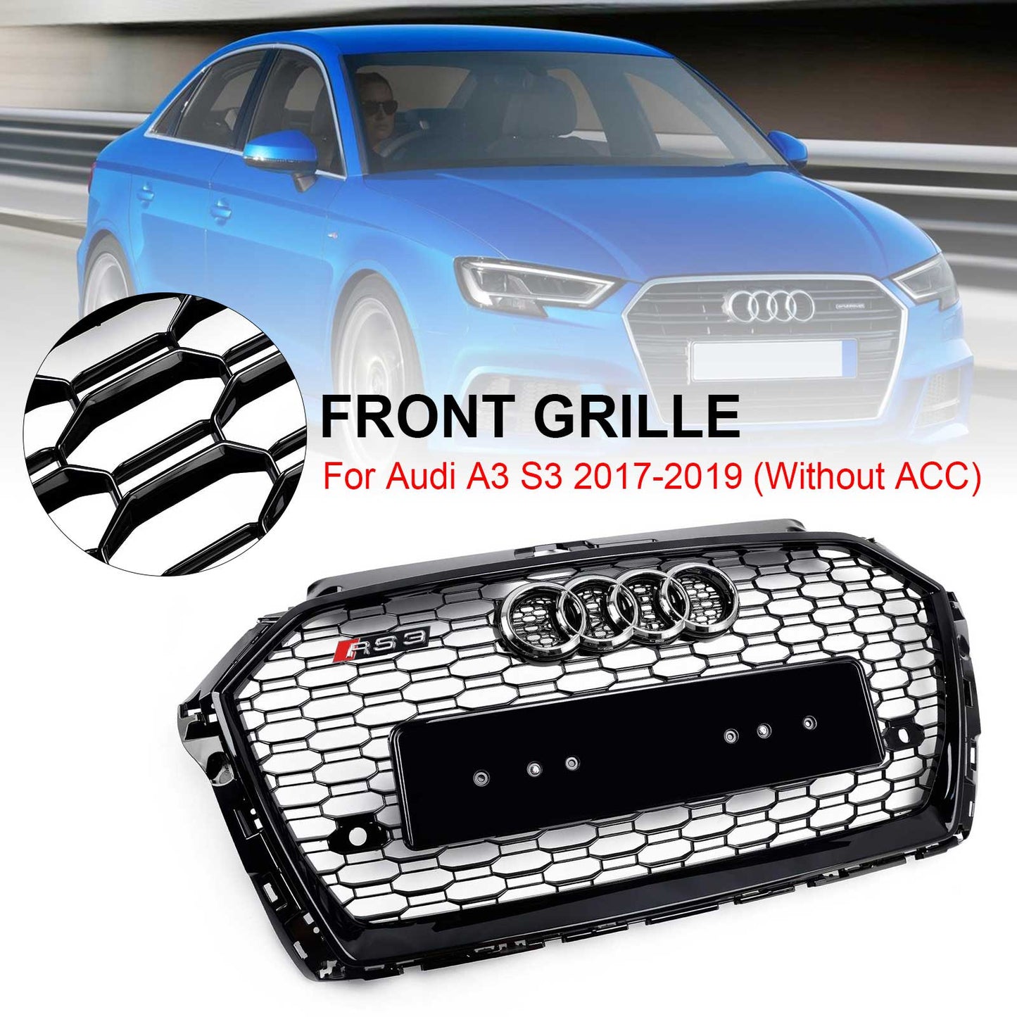 2017-2019 Audi A3 8V RS3 Style Honeycomb Mesh Front Bumper Grille Black