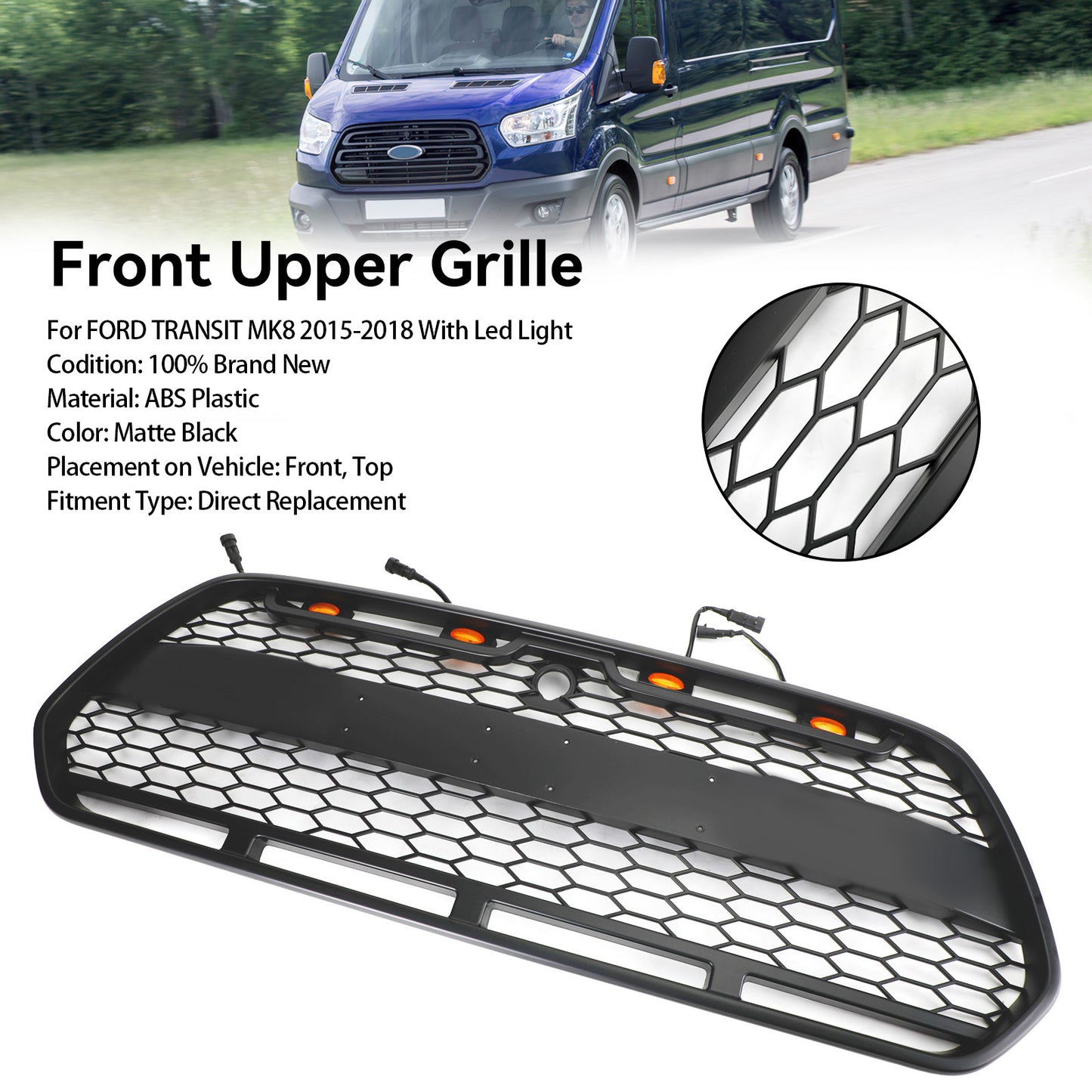 2015-2018 Ford Transit MK8 Raptor Front Bumper Grille Grill w/LED Matte Black