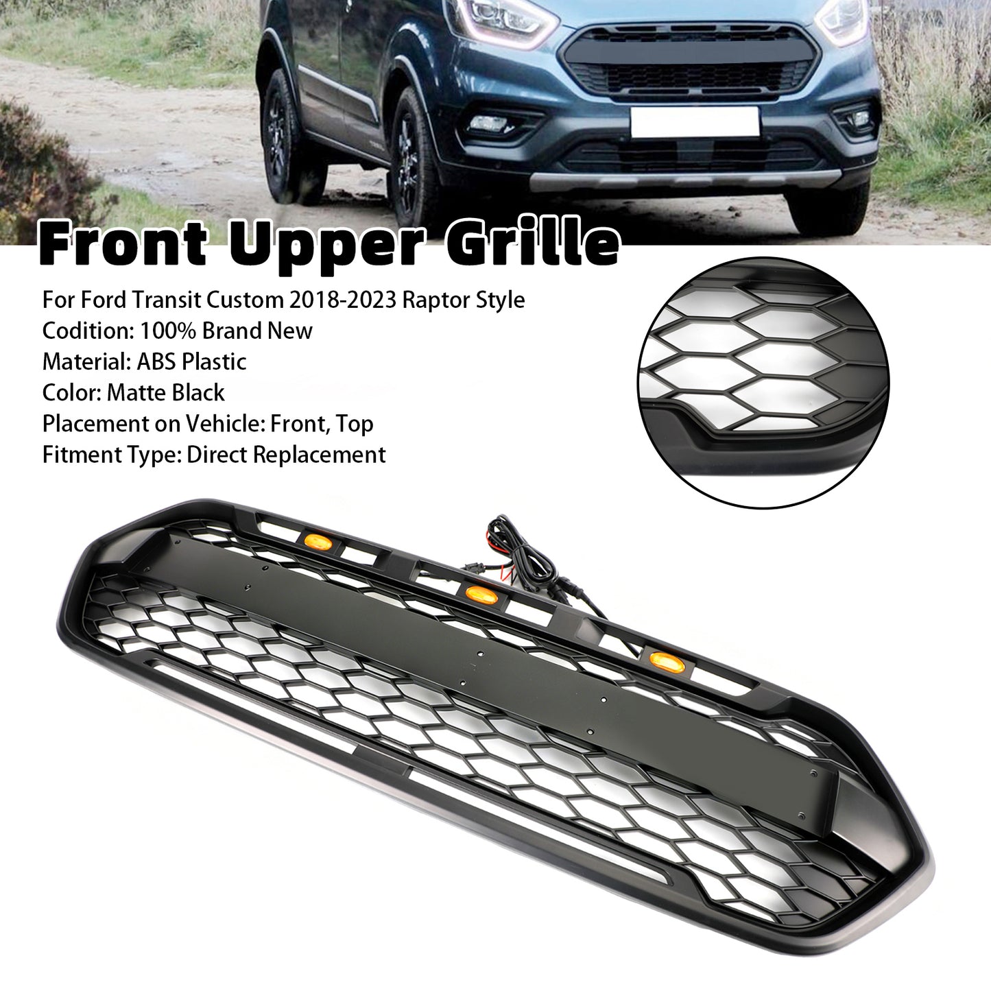 2018-2023 Ford Transit Custom Trail W/ 3LED Matte Black Front Bumper Grille